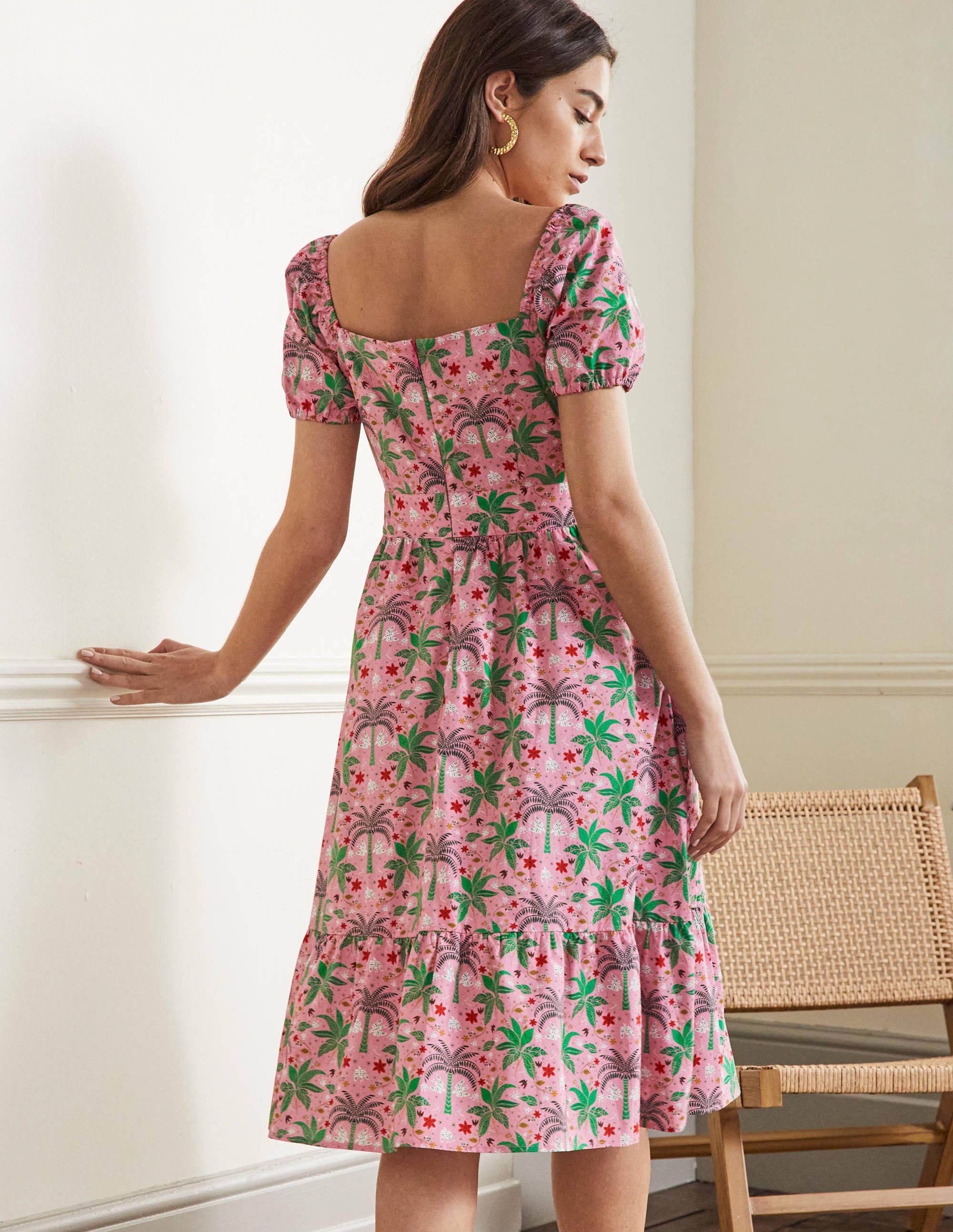 Square Neck Tiered Dress-Posy Pink, Oriental Palm - Image 3