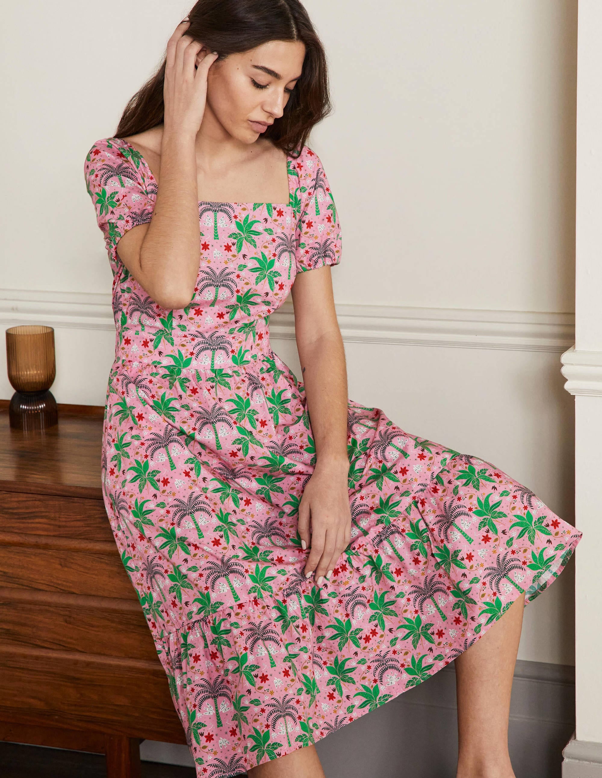 Square Neck Tiered Dress-Posy Pink, Oriental Palm - Image 4