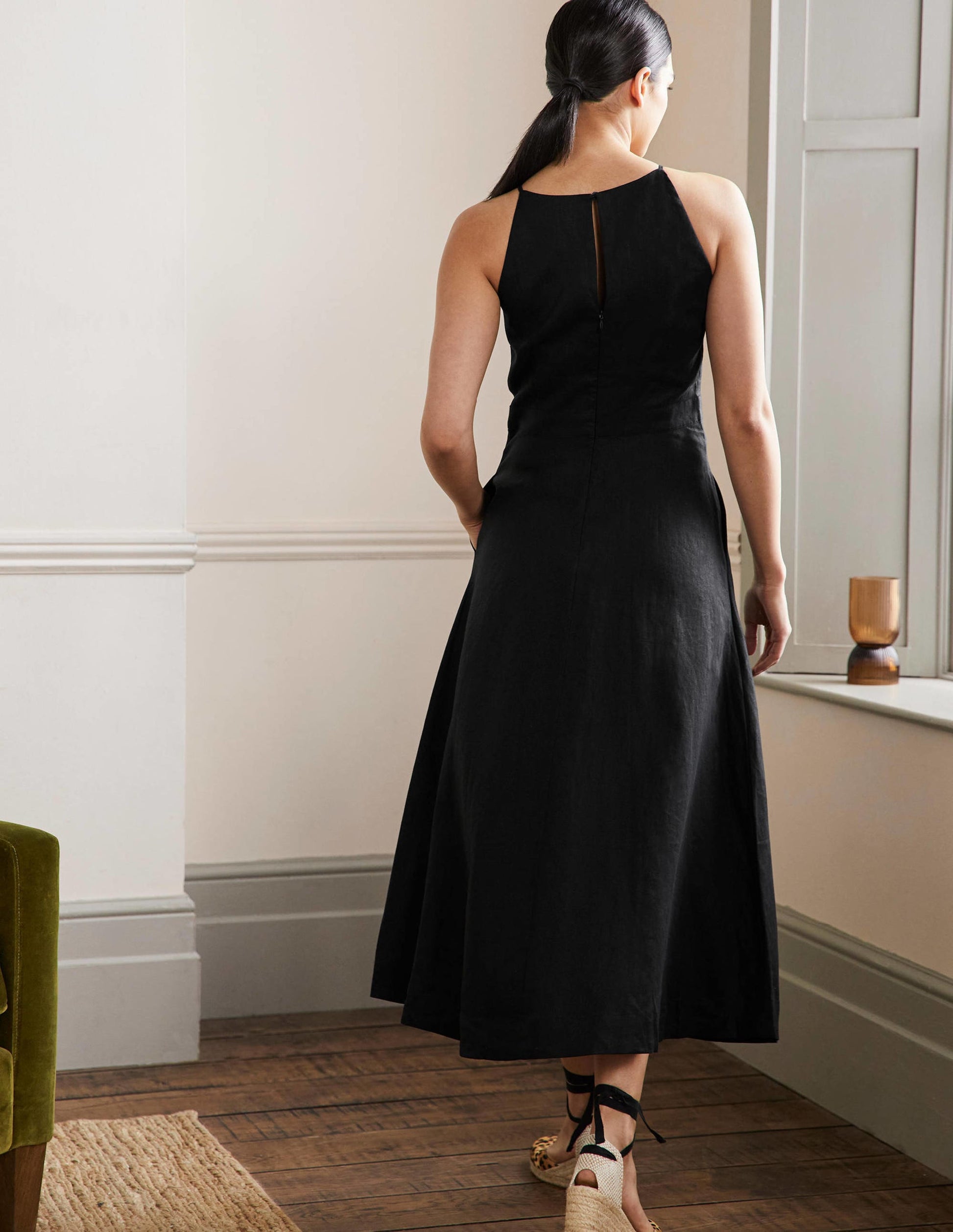 Halterneck Linen Midi Dress-Black-3