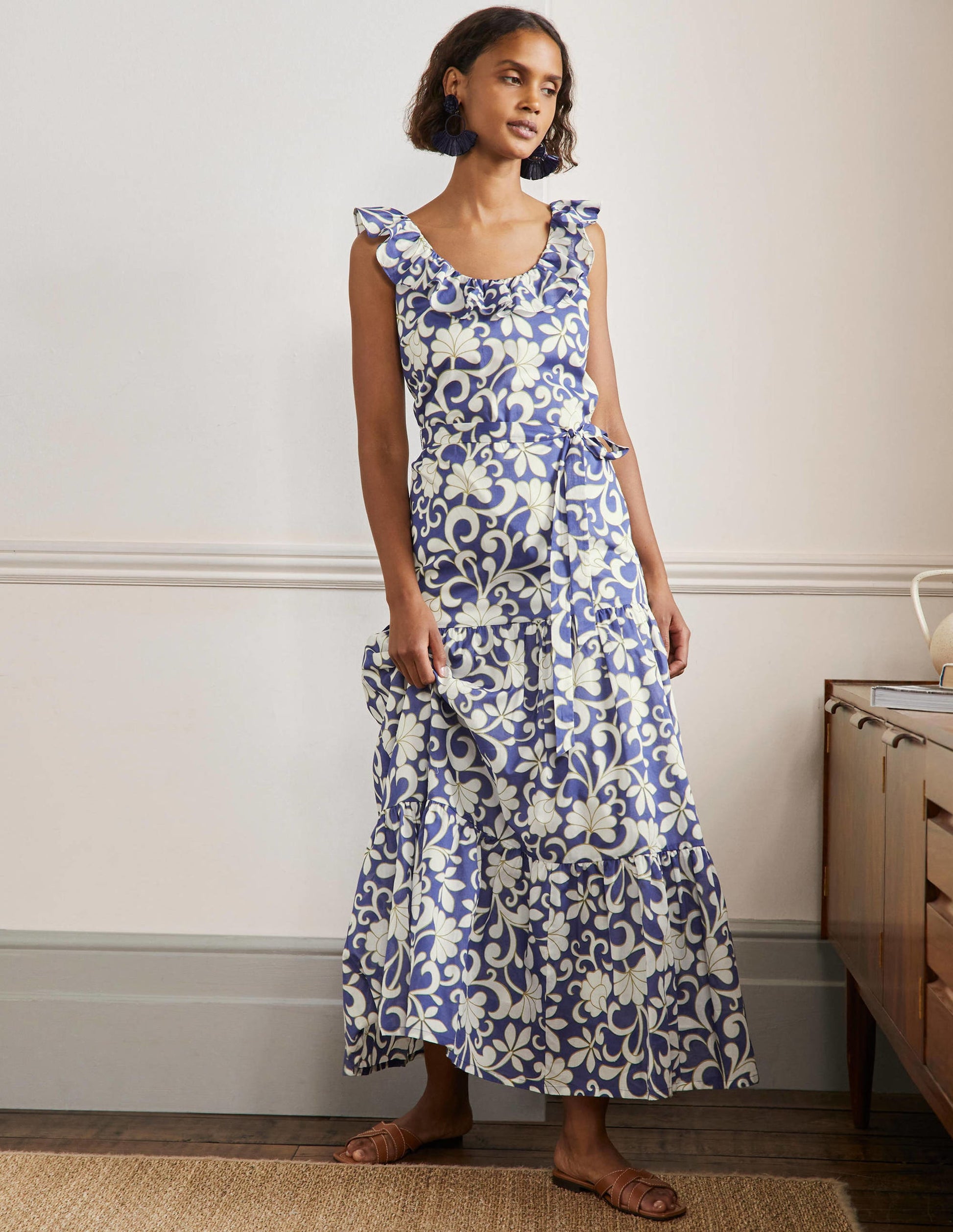 Ruffle Scoop Neck Maxi Dress-Atlantic Ocean, Abstract Petal-1