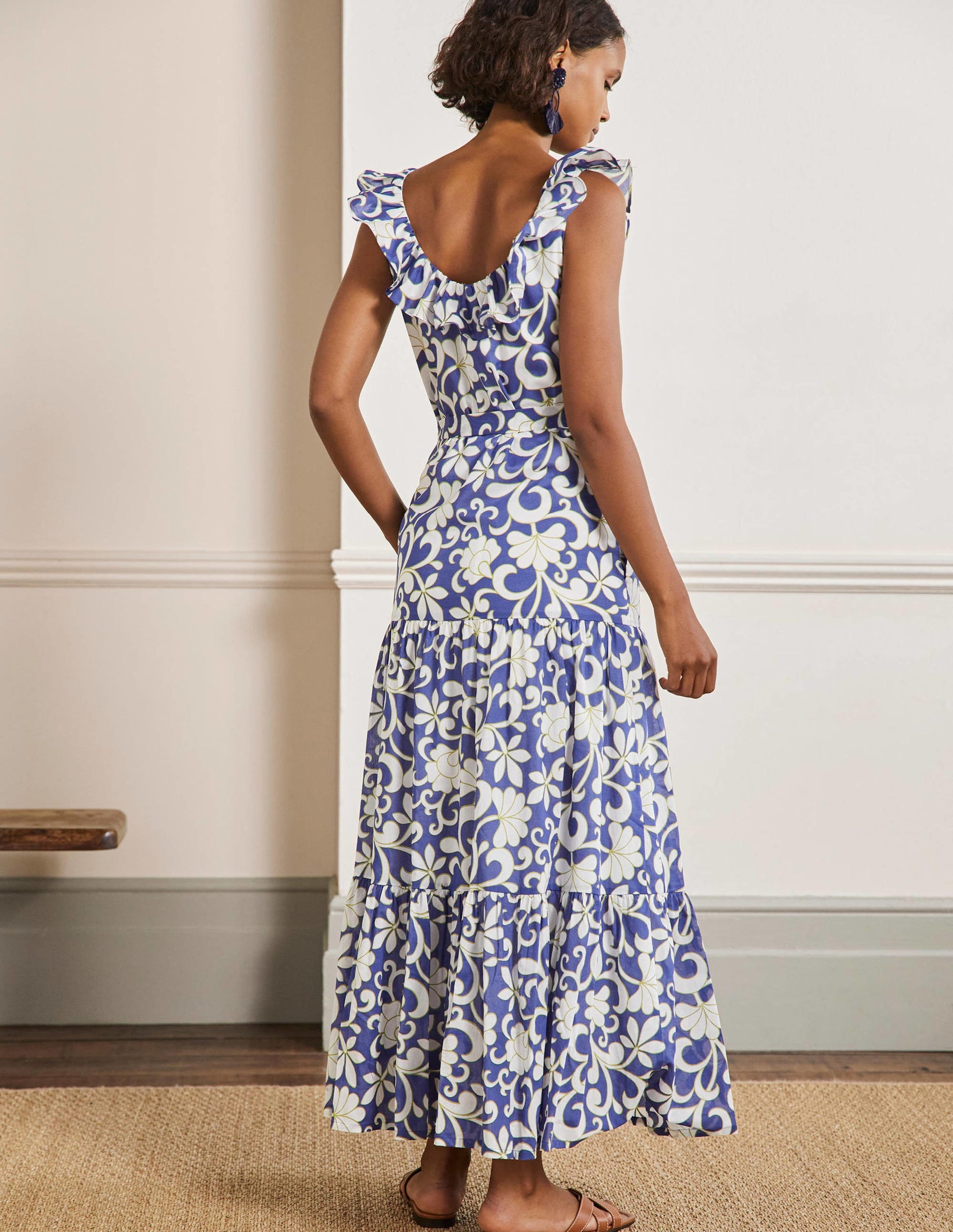 Ruffle Scoop Neck Maxi Dress-Atlantic Ocean, Abstract Petal-3