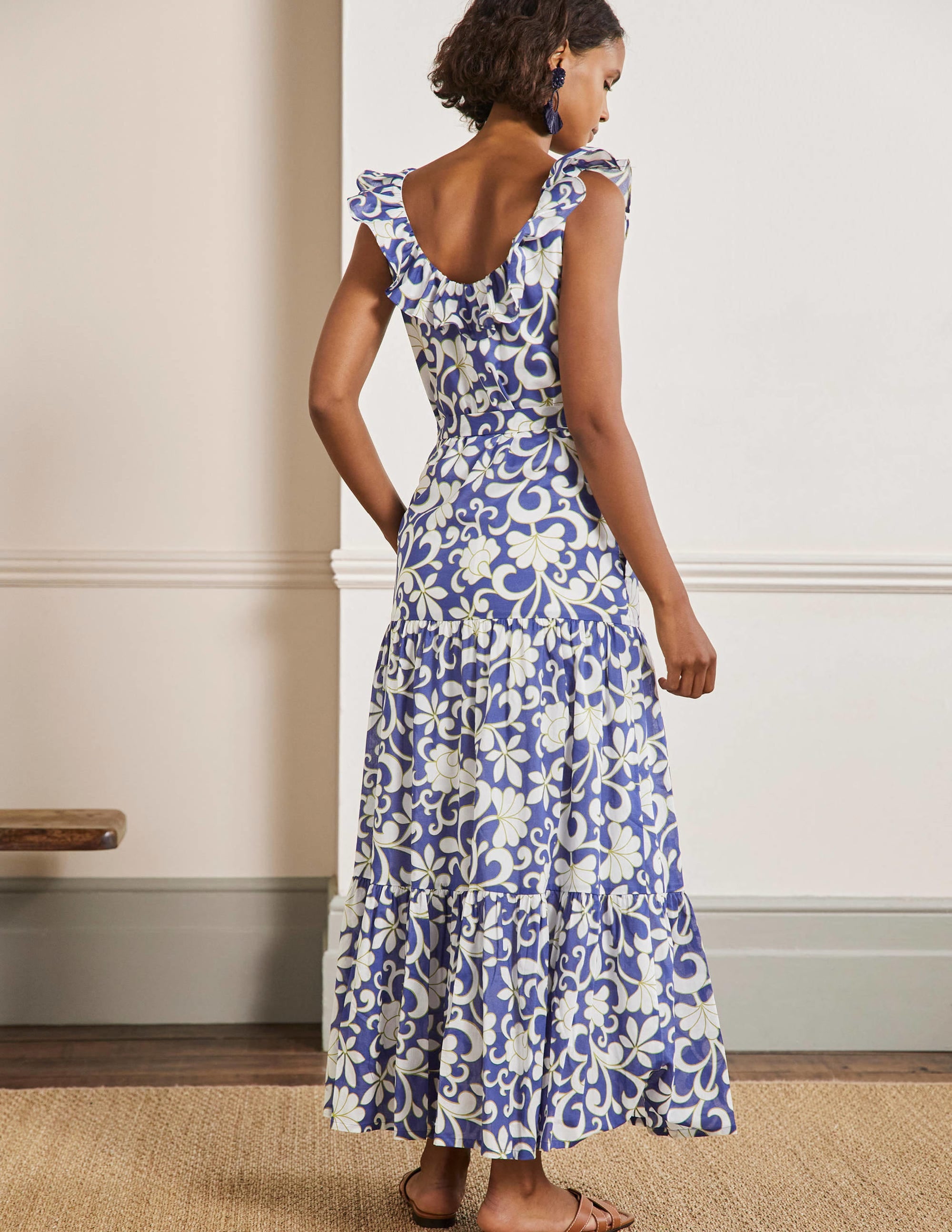 Ruffle Scoop Neck Maxi Dress-Atlantic Ocean, Abstract Petal - Image 3
