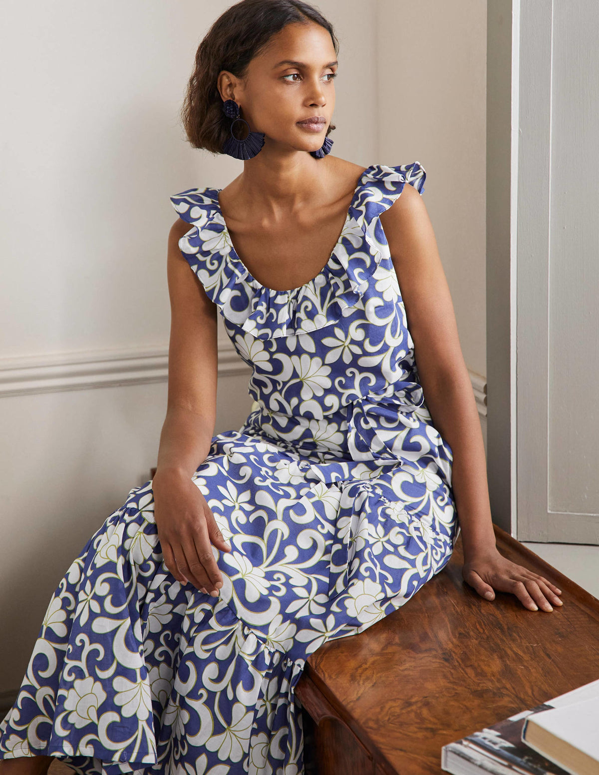 Ruffle Scoop Neck Maxi Dress-Atlantic Ocean, Abstract Petal - Image 4