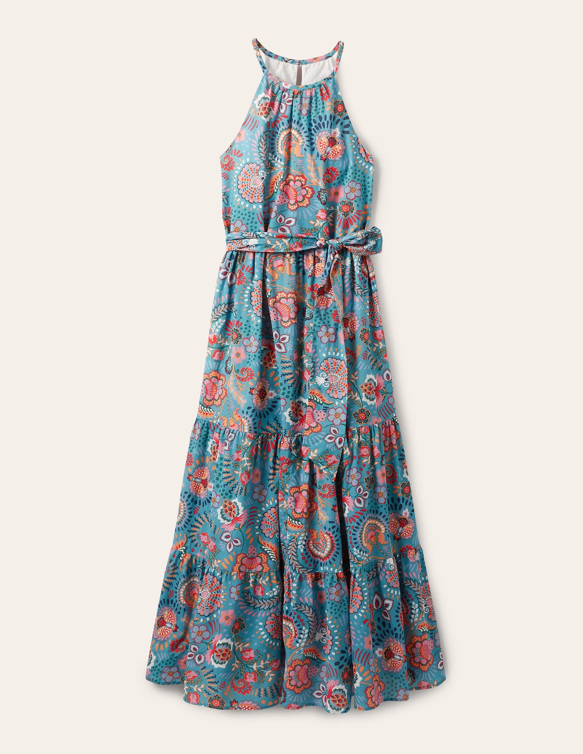 Halterneck Tiered Maxi Dress-Larkspur, Decorative Meadow-7
