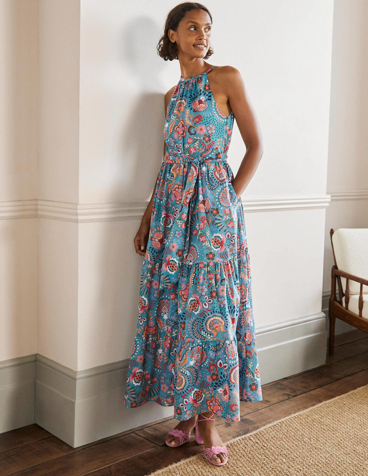 Halterneck Tiered Maxi Dress-Larkspur, Decorative Meadow-1