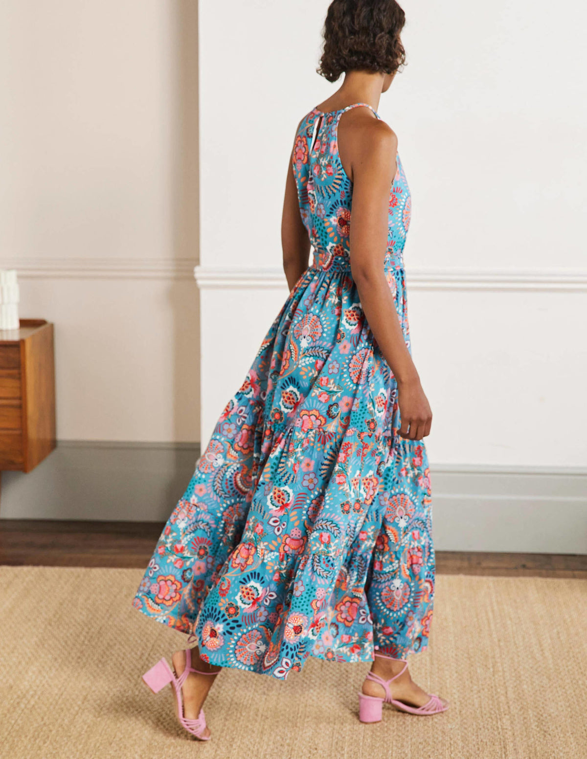 Halterneck Tiered Maxi Dress-Larkspur, Decorative Meadow-3