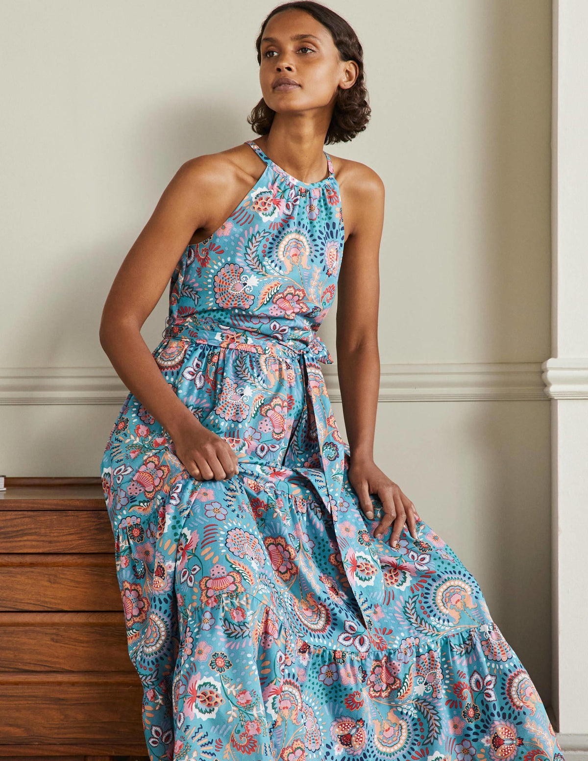 Halterneck Tiered Maxi Dress-Larkspur, Decorative Meadow - Image 4