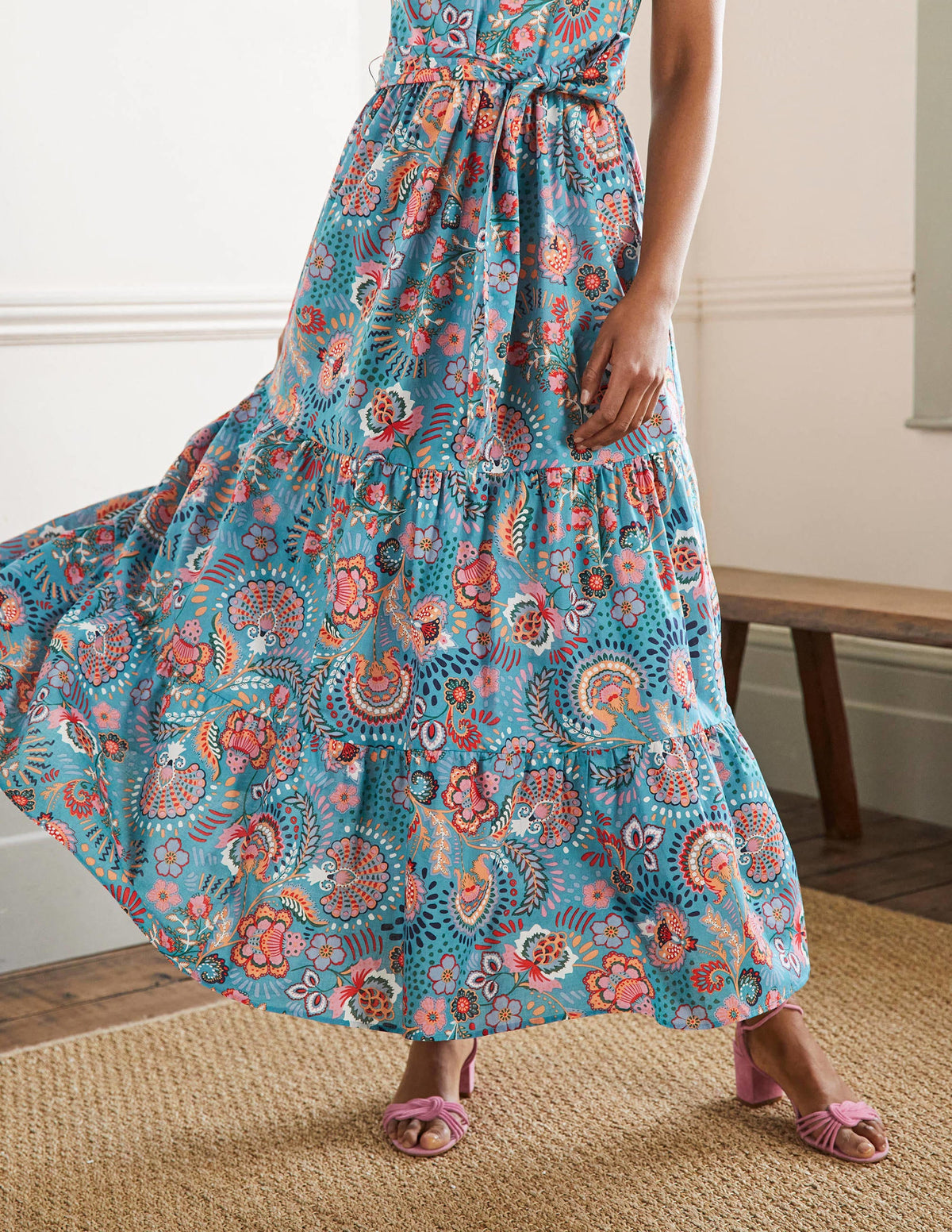 Halterneck Tiered Maxi Dress-Larkspur, Decorative Meadow - Image 5