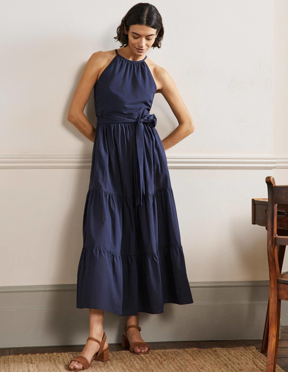Halterneck Tiered Maxi Dress-Navy-1