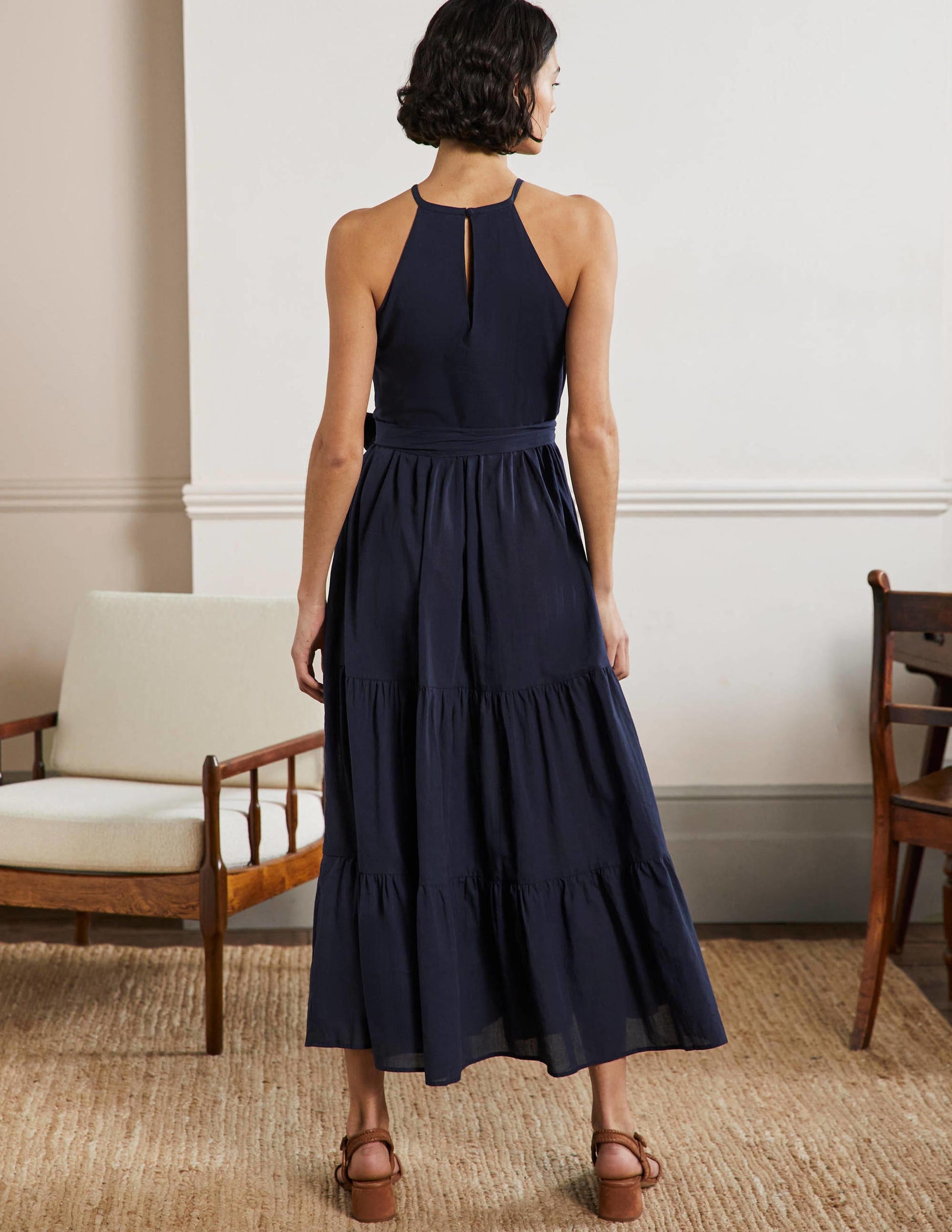 Halterneck Tiered Maxi Dress-Navy-3