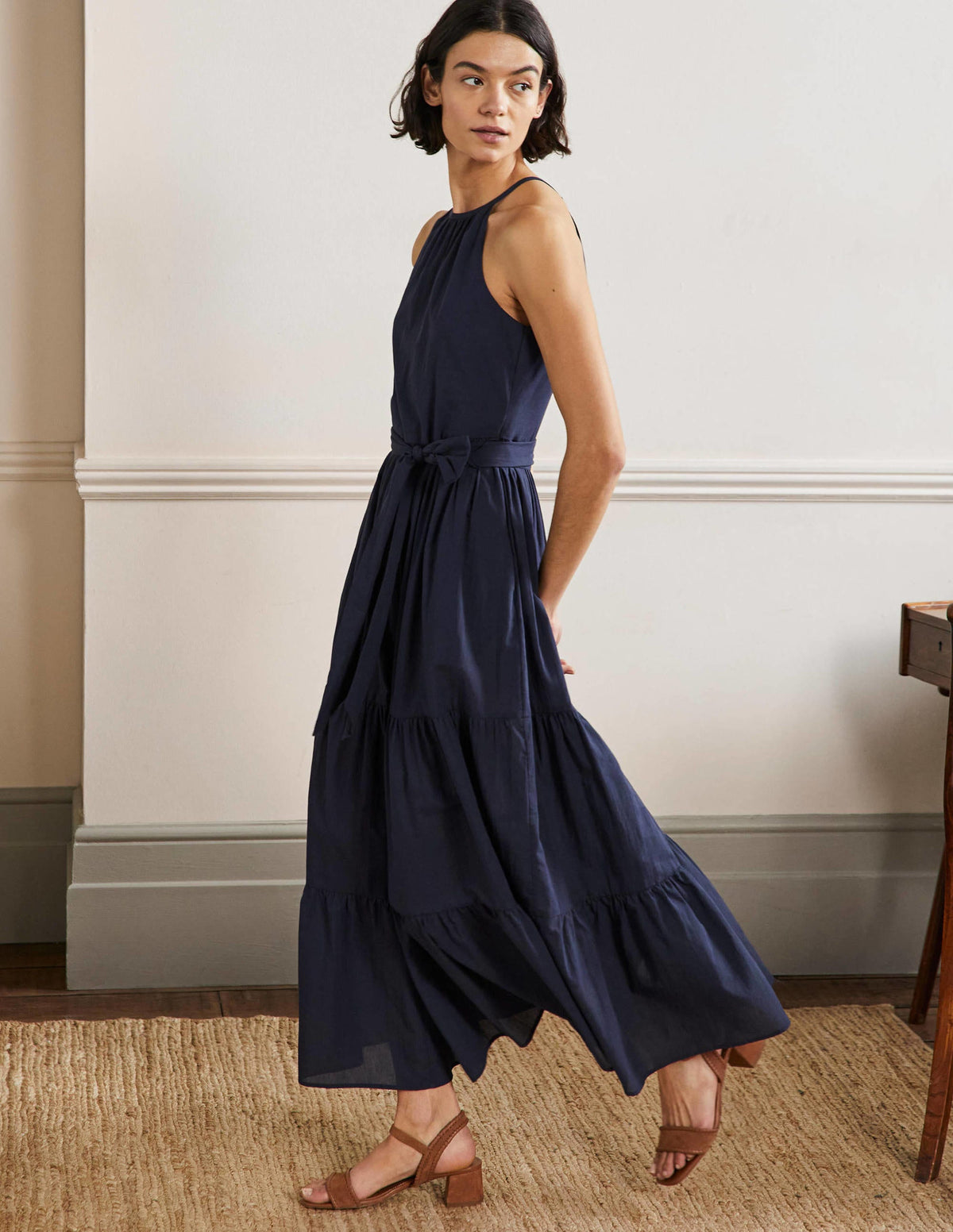 Halterneck Tiered Maxi Dress-Navy-4