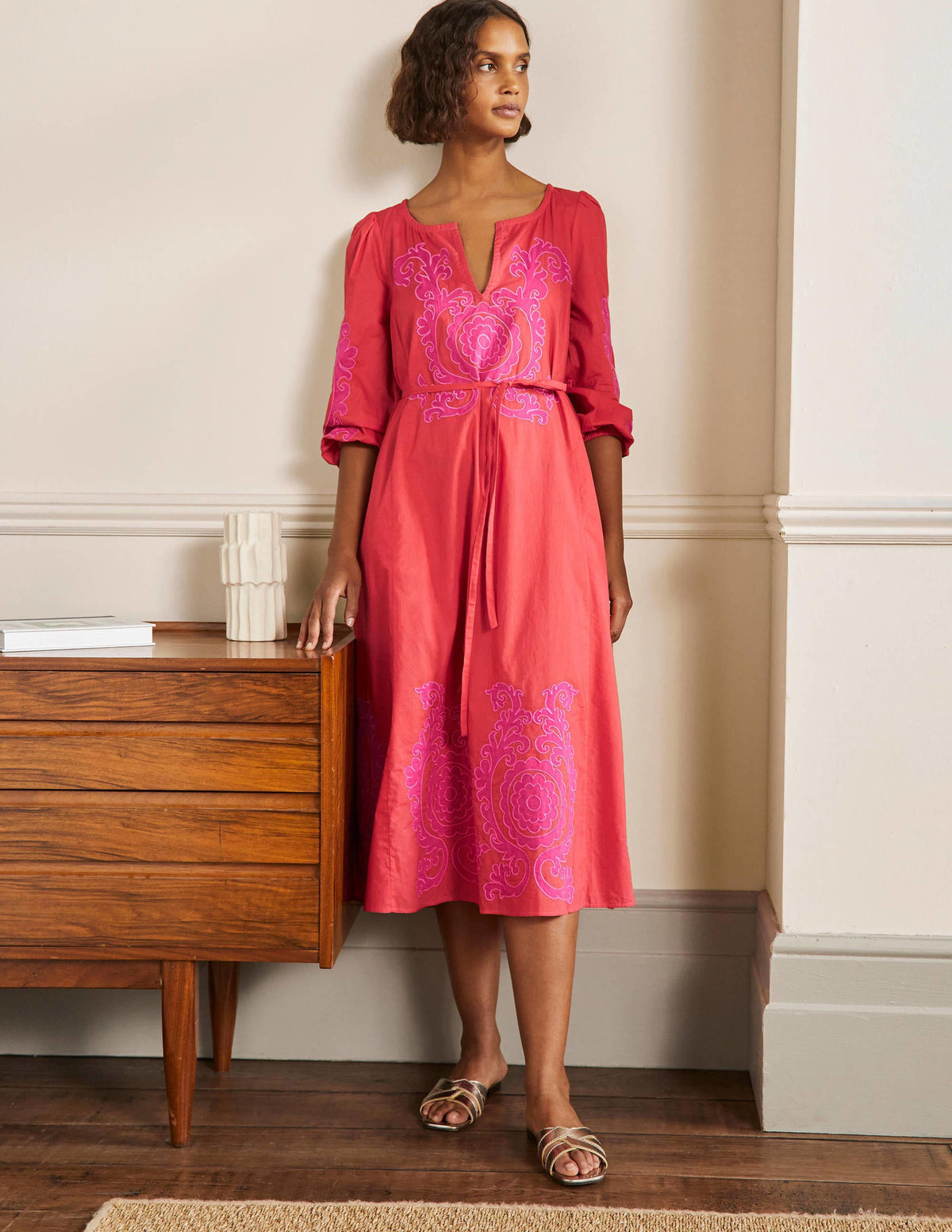 Applique Midi Dress-Bright Papaya-1