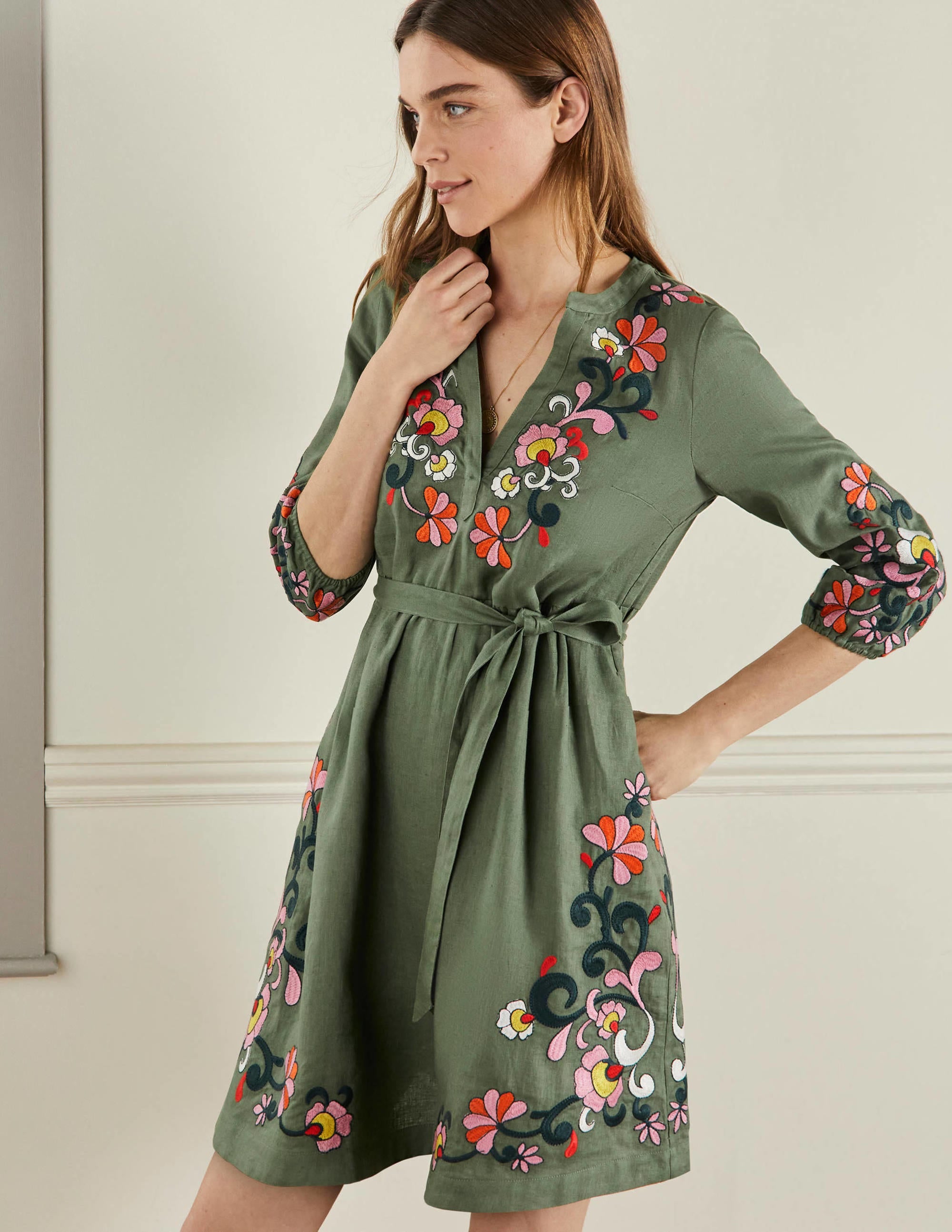Embroidered Linen Dress-Alder - Image 4