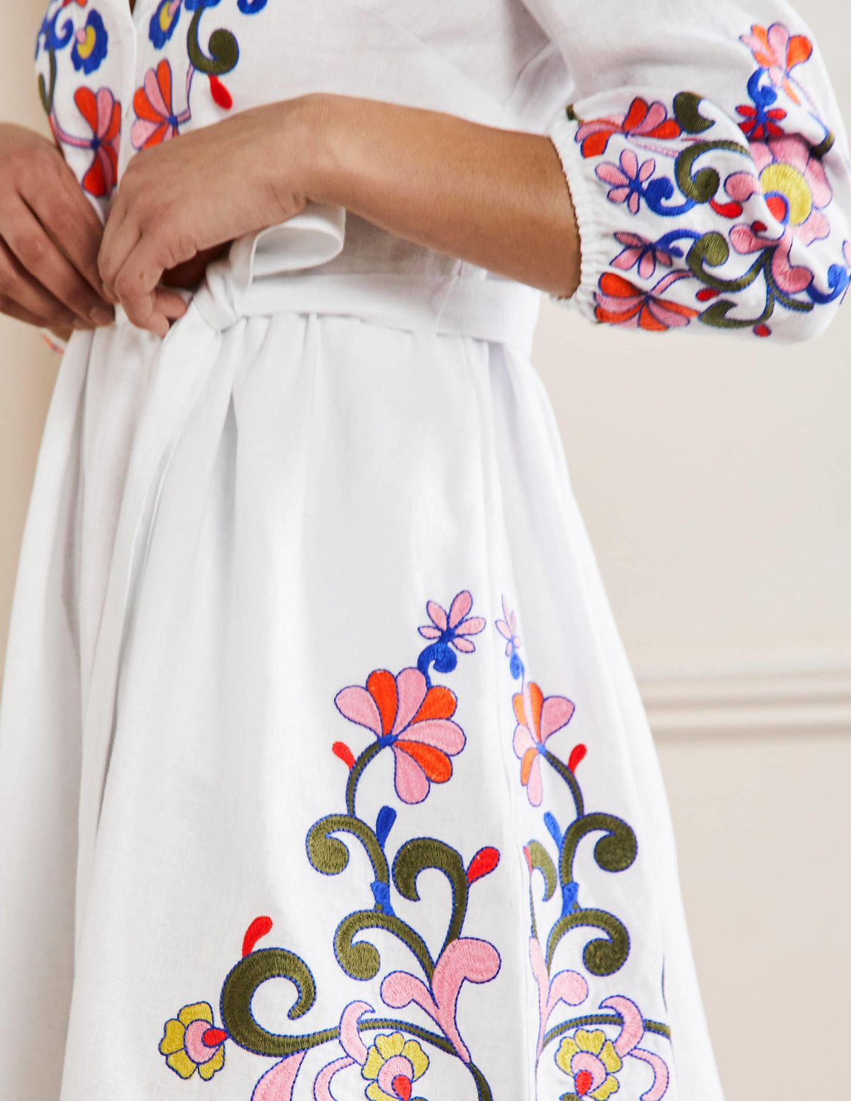 Embroidered Linen Dress-White-2