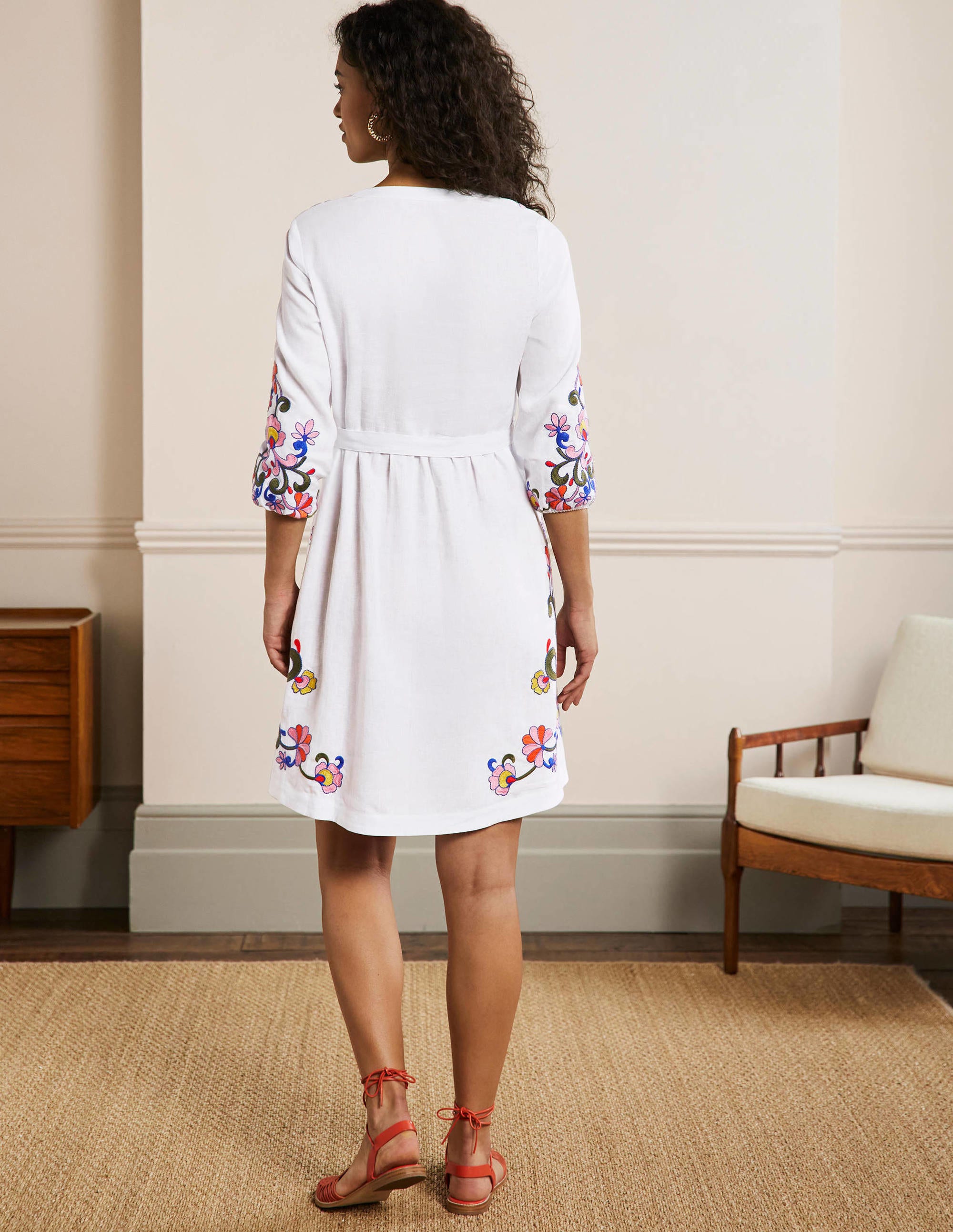 Embroidered Linen Dress-White - Image 3