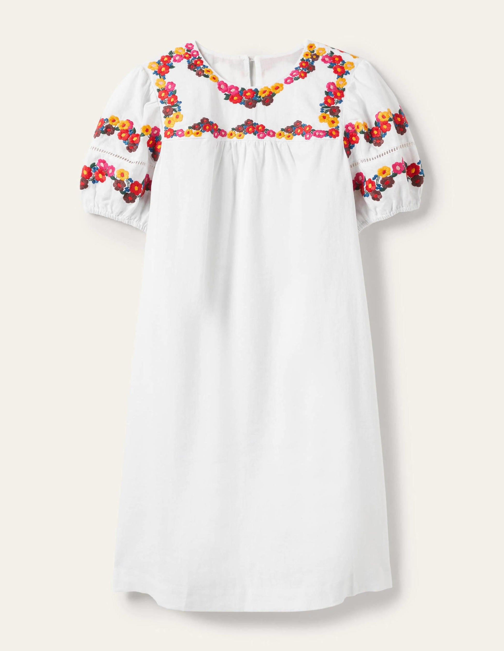 Embroidered Linen Shift Dress-White-8
