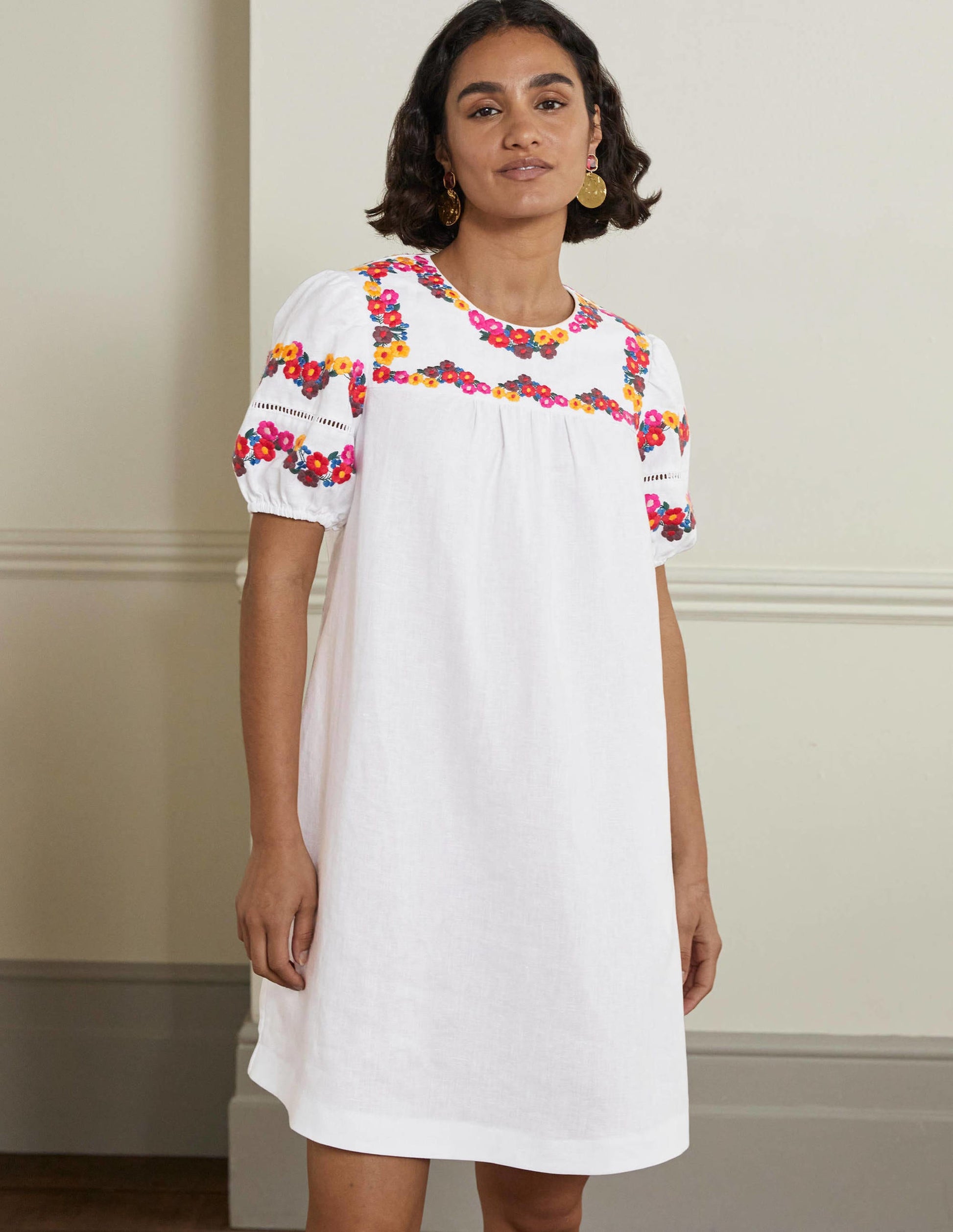 Embroidered Linen Shift Dress-White-1