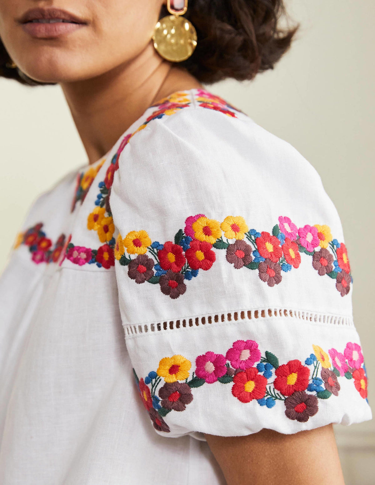 Embroidered Linen Shift Dress-White-2
