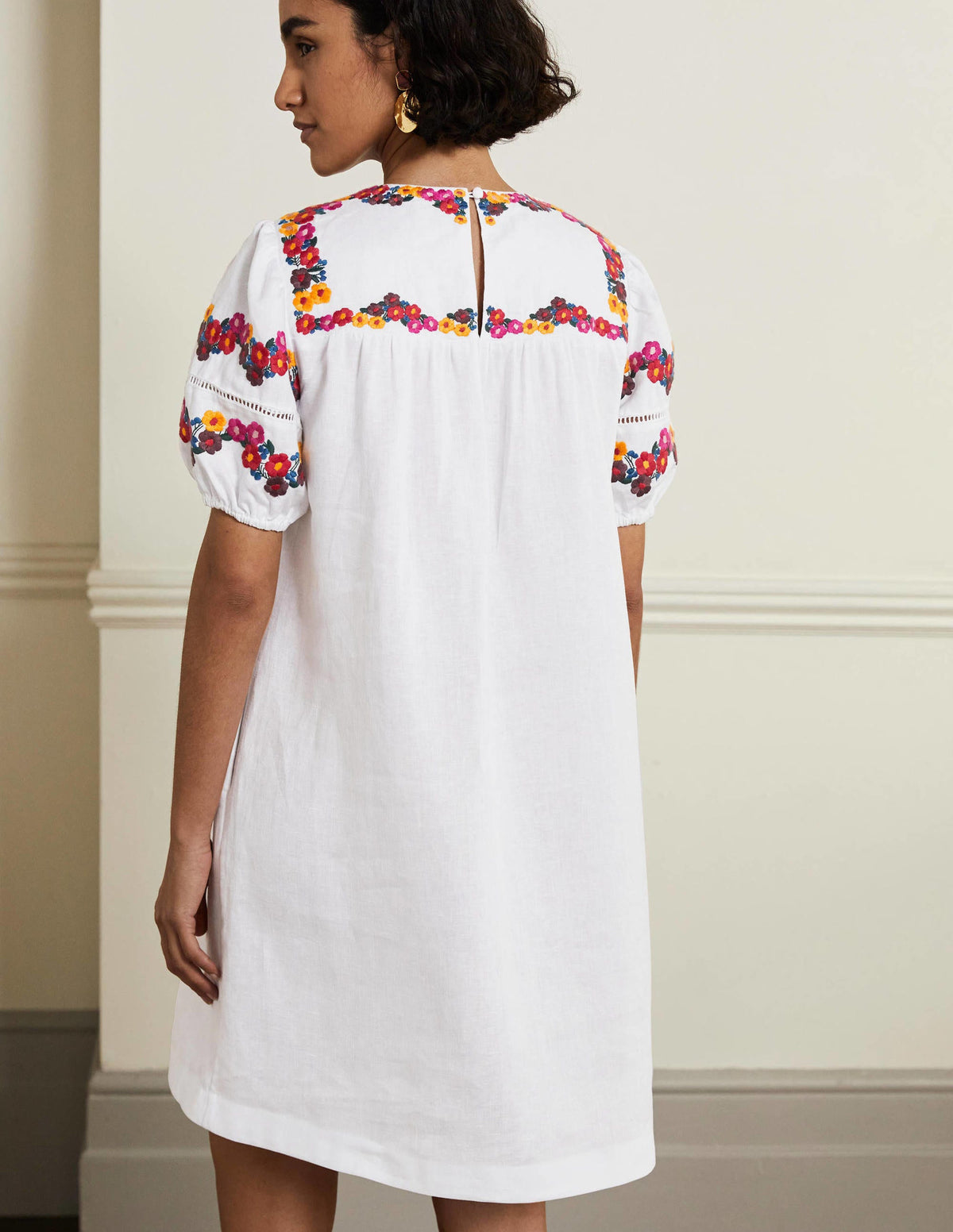 Embroidered Linen Shift Dress-White-3