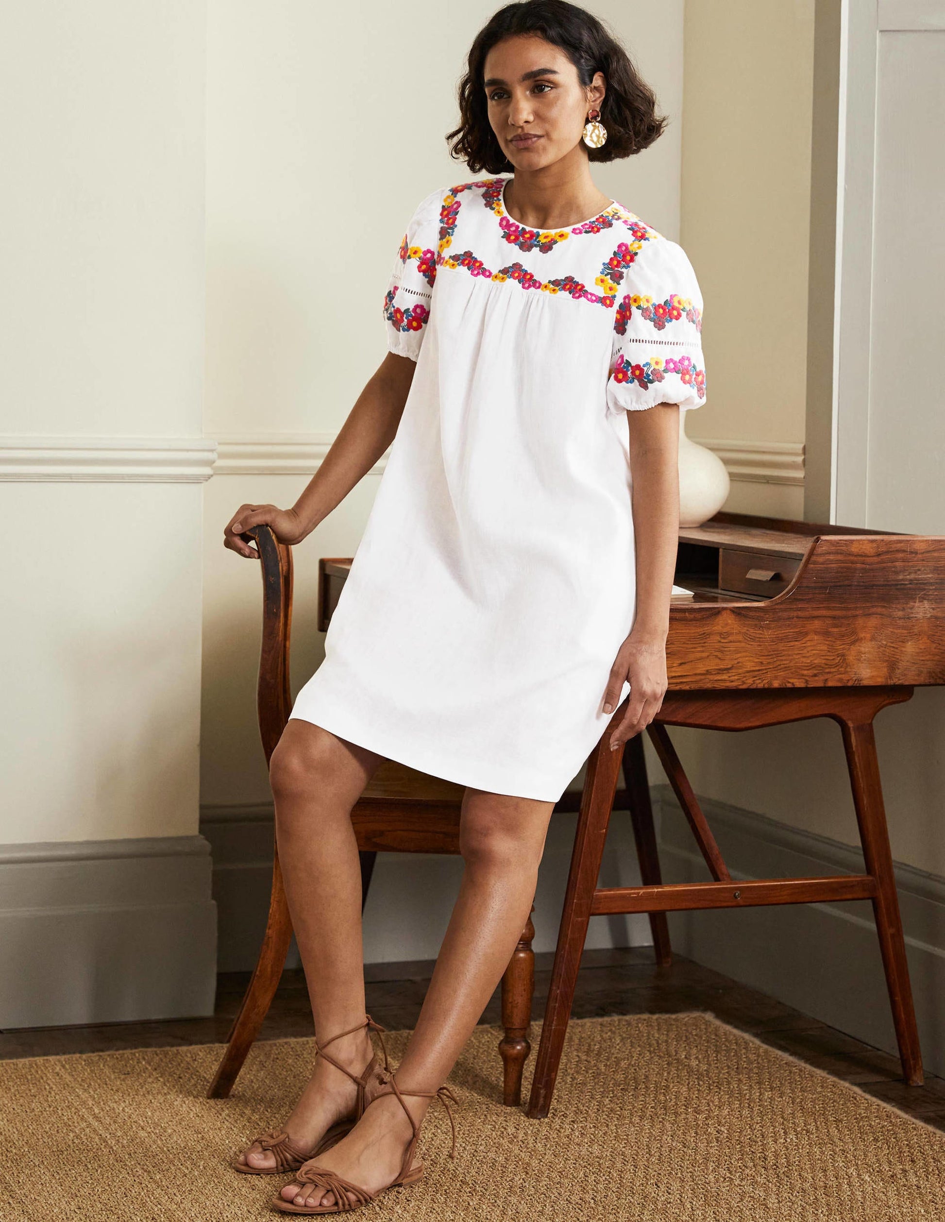 Embroidered Linen Shift Dress-White-4