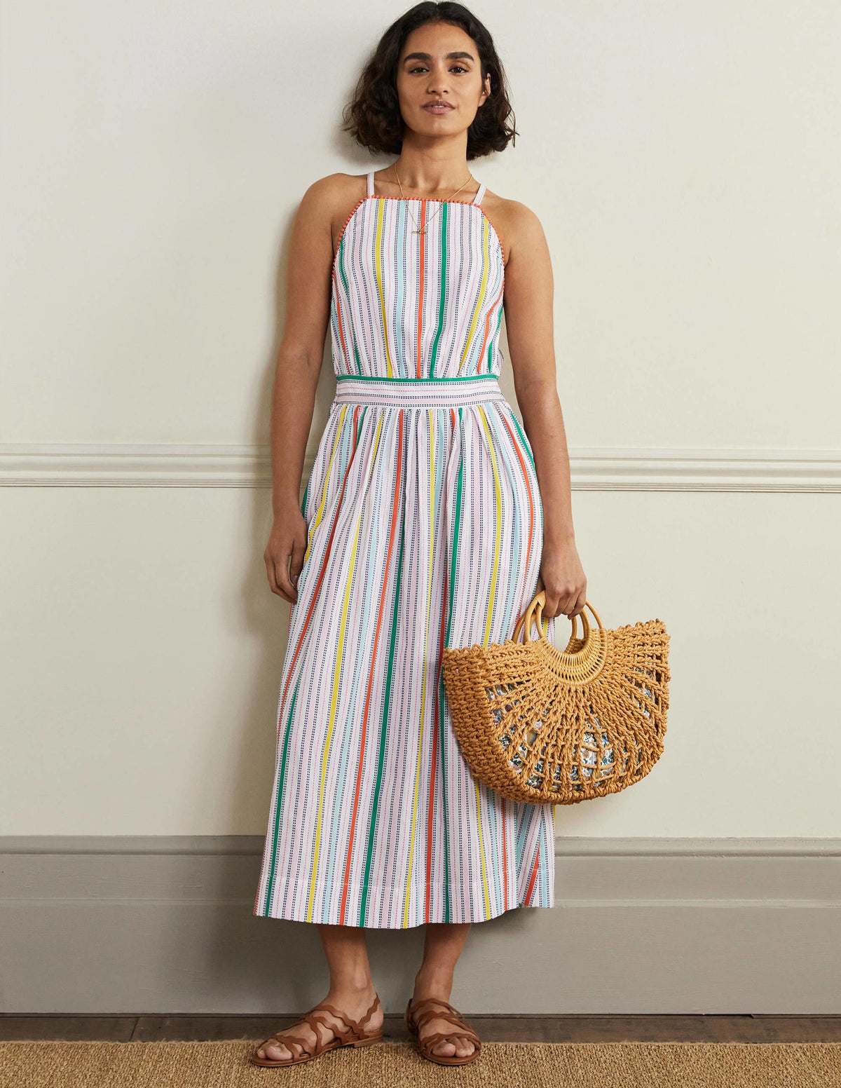 Stripe Halterneck Midi Dress-Sweetcorn and Green Pepper-1