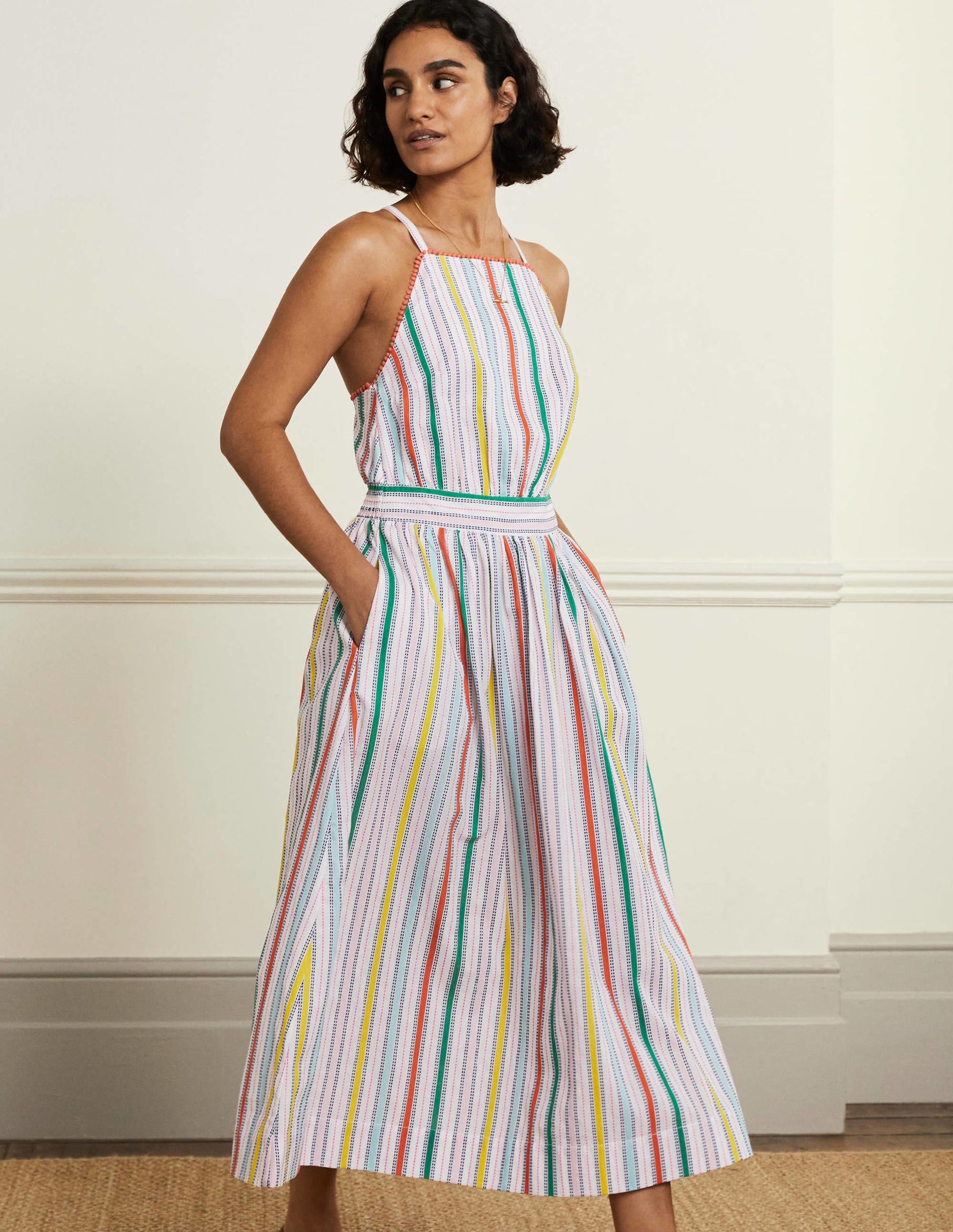 Stripe Halterneck Midi Dress-Sweetcorn and Green Pepper-4