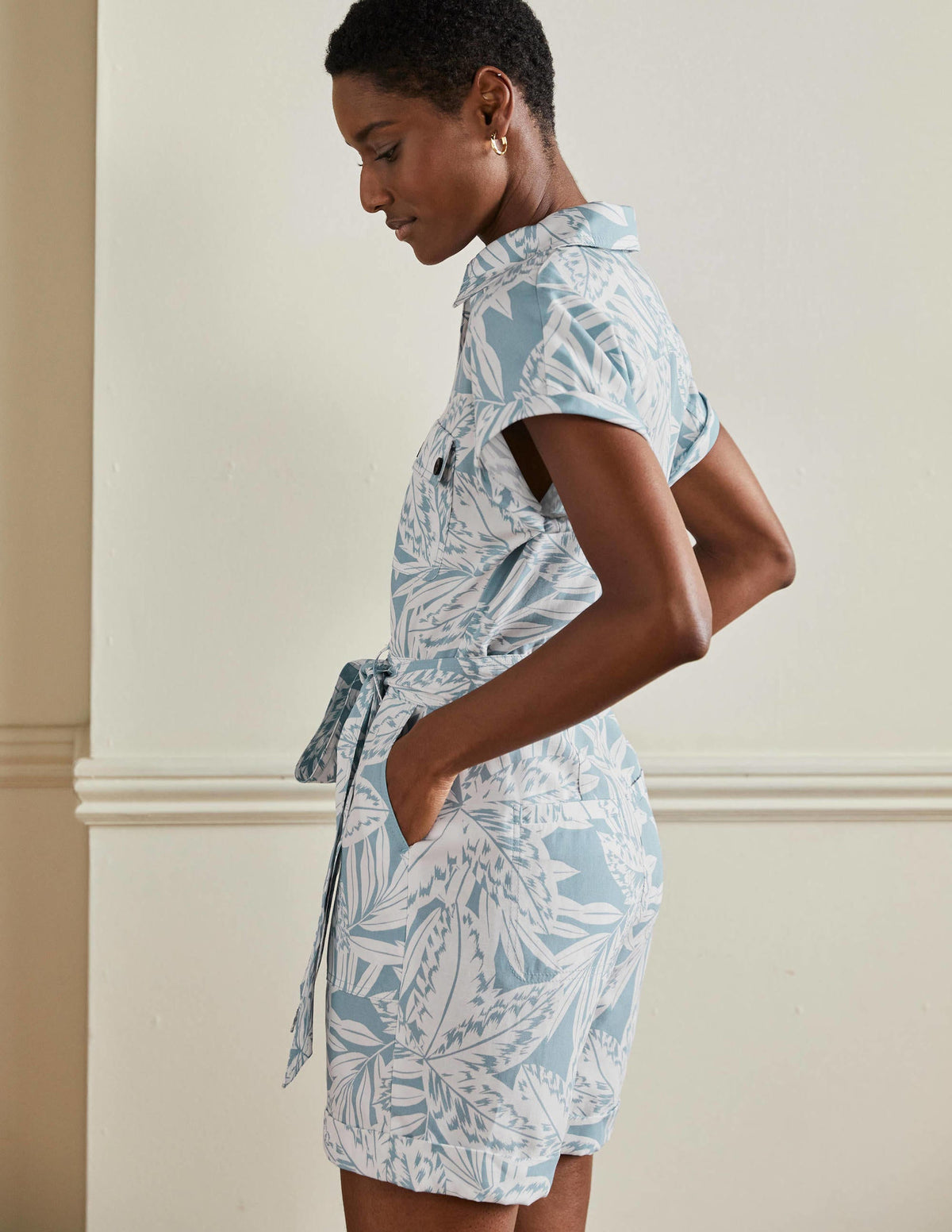 Pocket Detail Romper-Mountain Spring, Exotic Leaves - Image 4