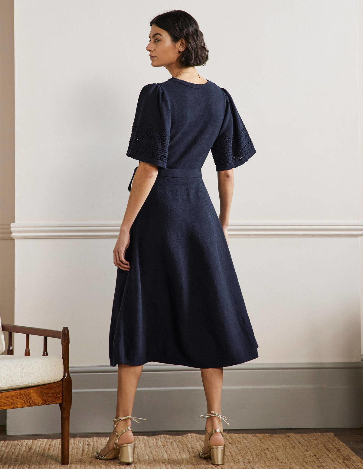 Wide Sleeve Knitted Dress-Navy-3