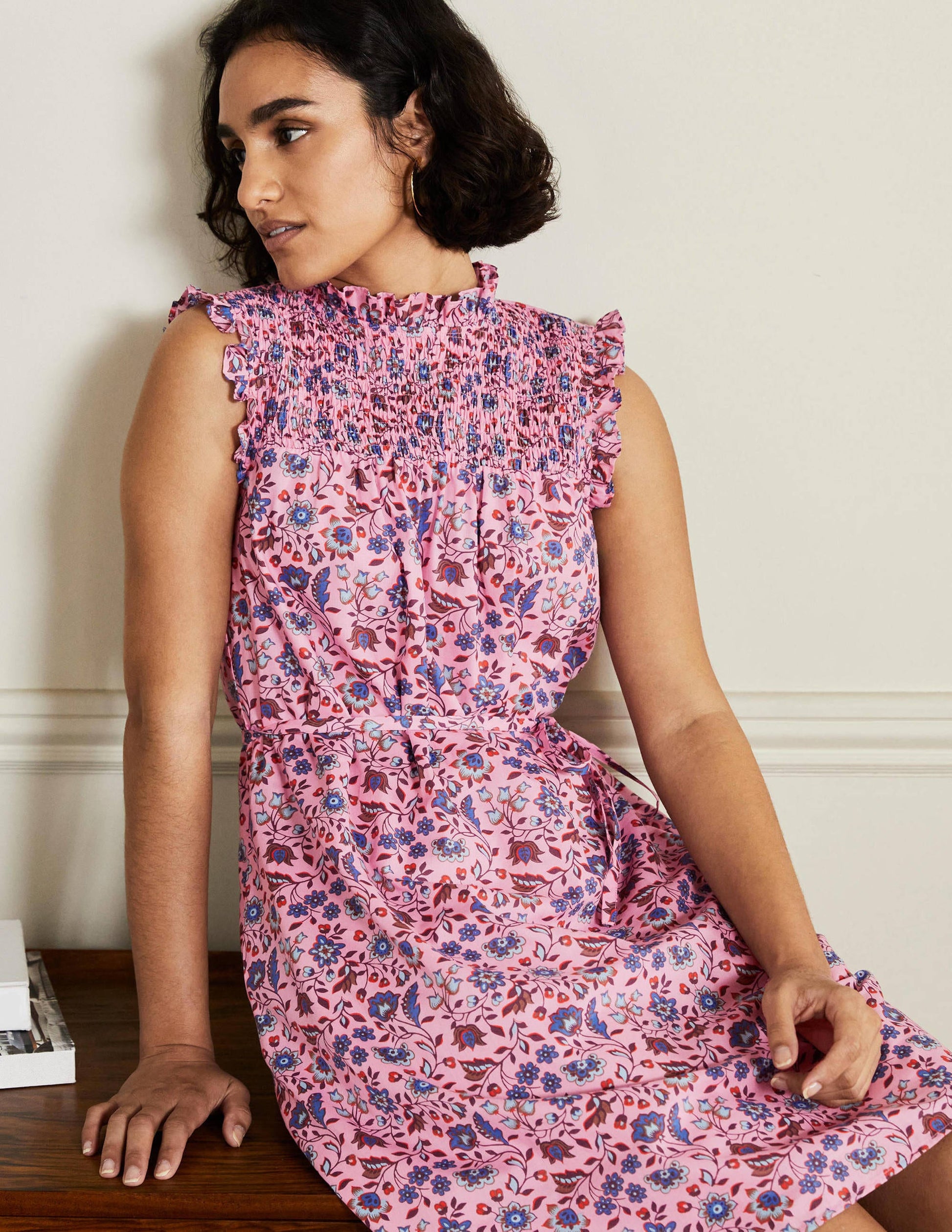 Sleeveless Smocked Mini Dress-Formica Pink Oriental Meadow-4