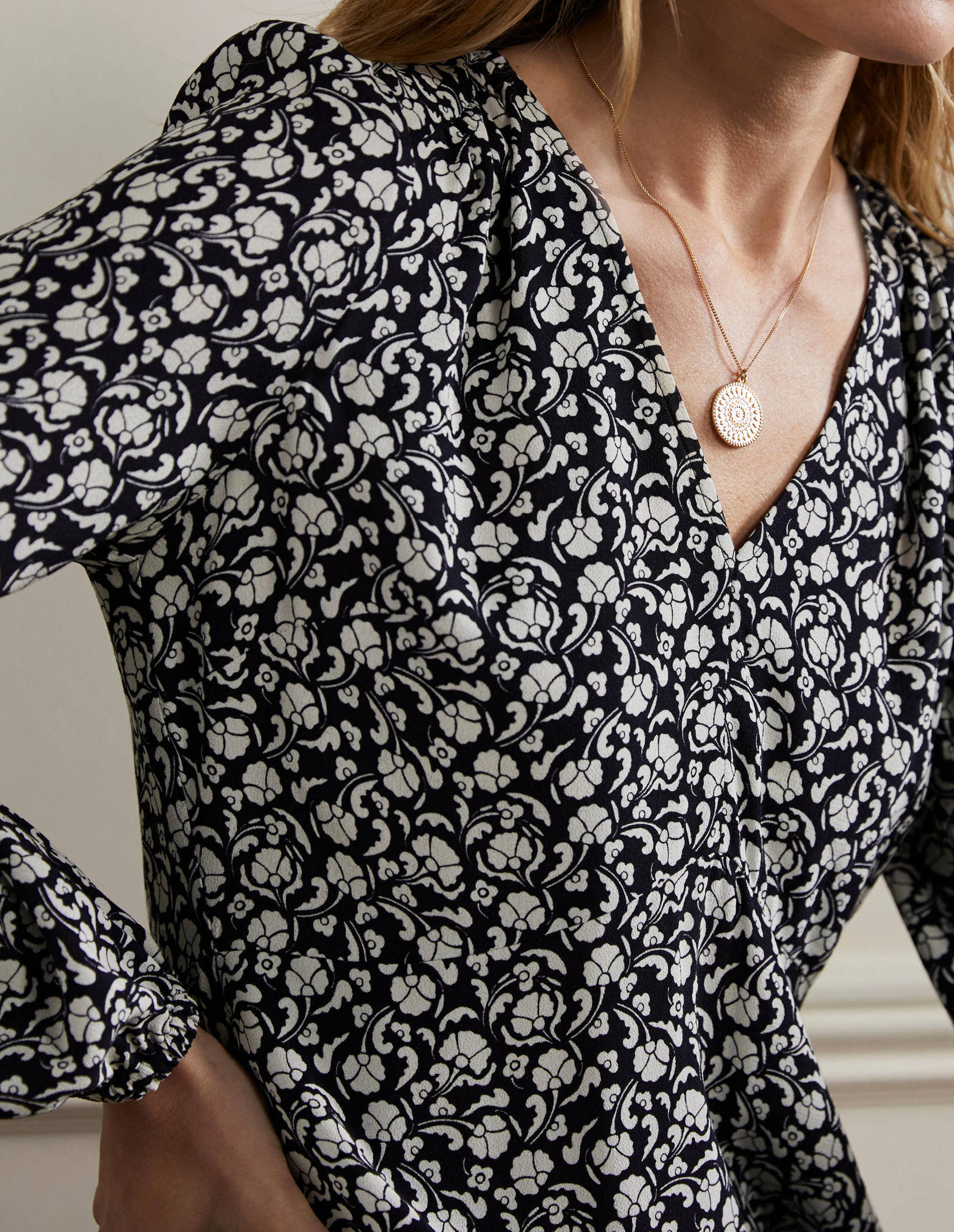 V-Neck Tea Dress-Navy, Delicate Bud - Image 2