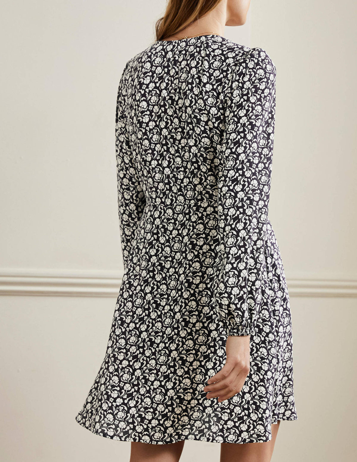 V-Neck Tea Dress-Navy, Delicate Bud - Image 3