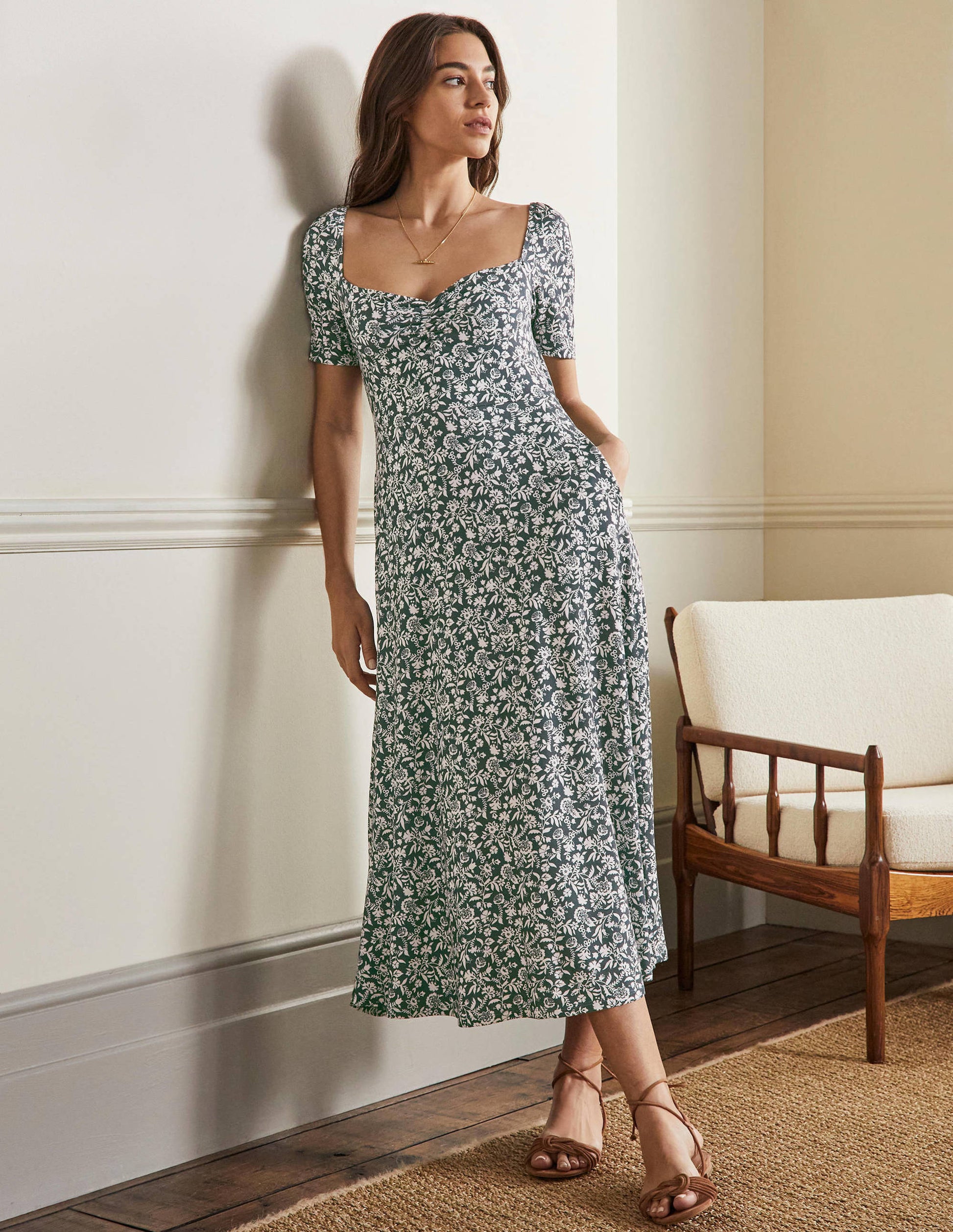 Sweetheart Jersey Midi Dress-Trekking Green, Flora Charm-1