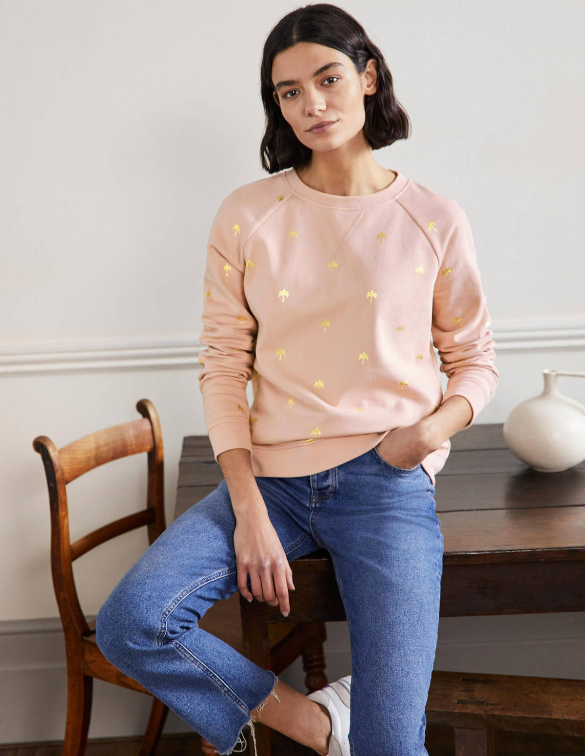 Printed Cotton Sweatshirt-Milkshake/Gold, Paradise Palm-1