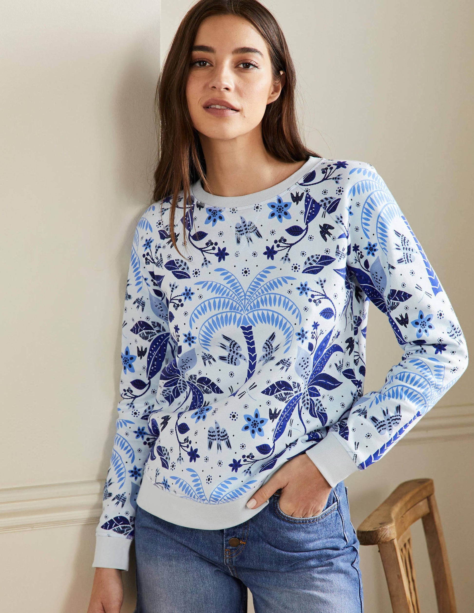 Printed Cotton Sweatshirt-Blue, Oriental Cascade-4
