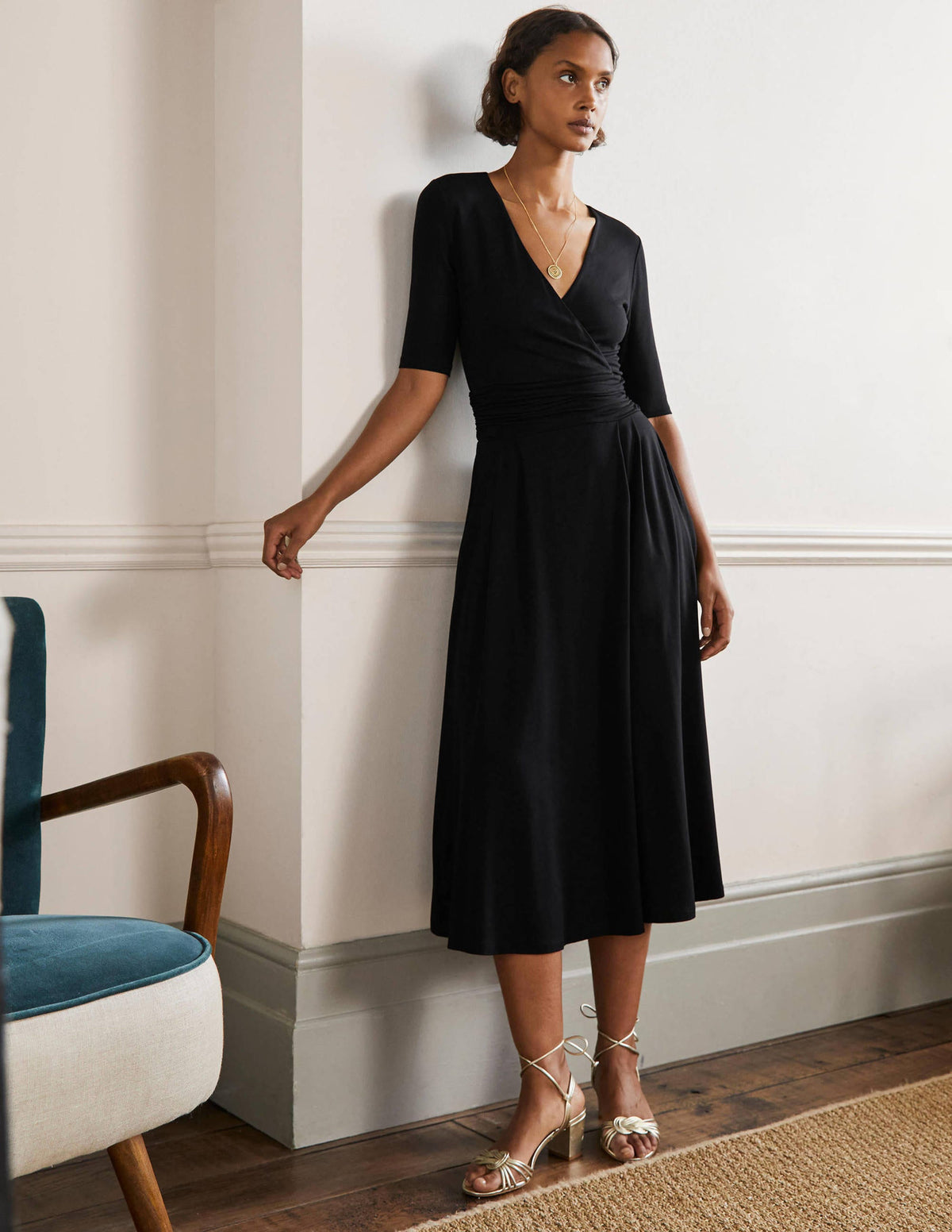 Ruched Waist Jersey Midi Dress-Black-1