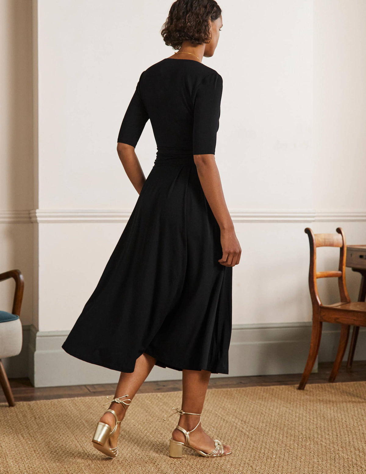 Ruched Waist Jersey Midi Dress-Black - Image 3