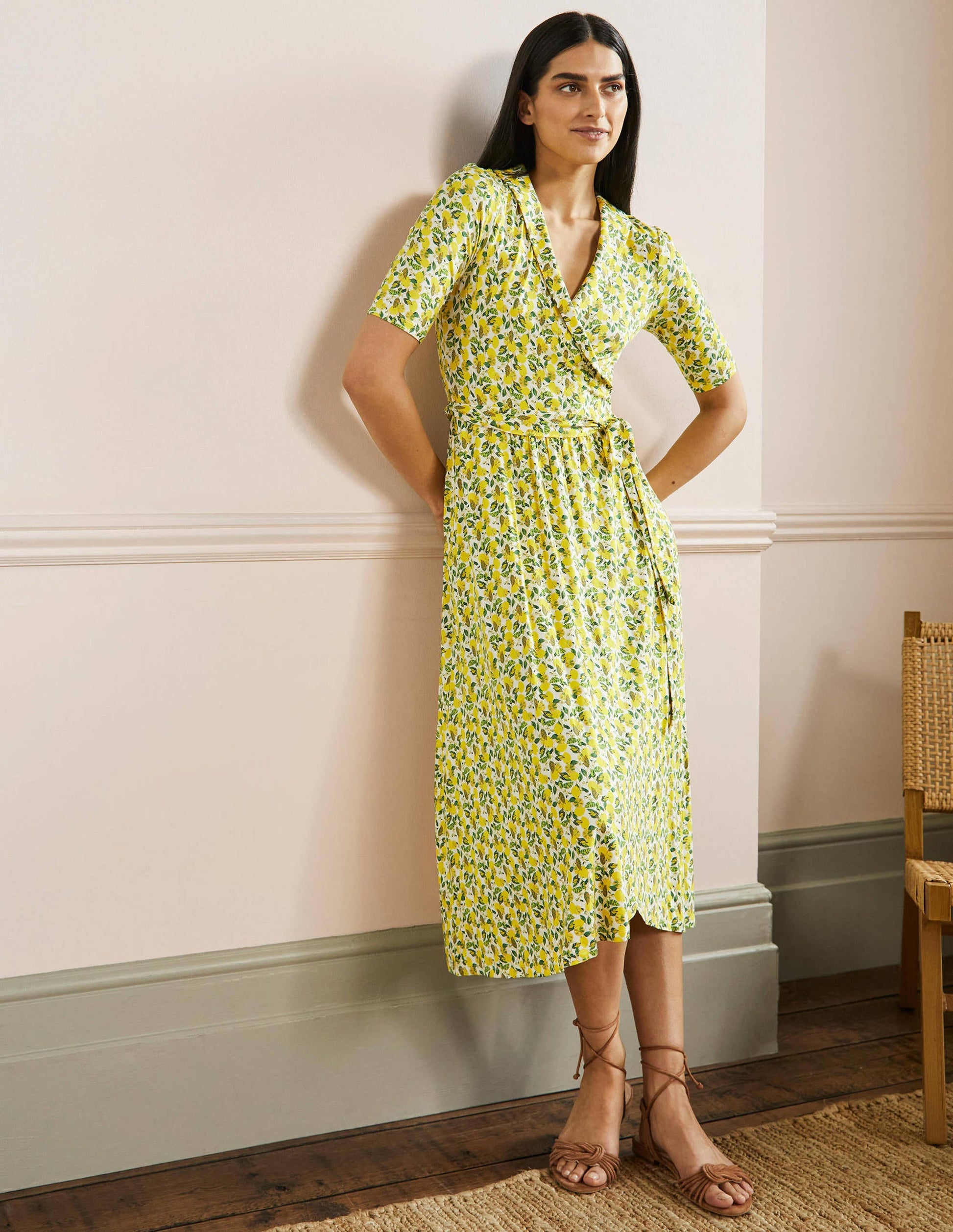Lavinia Jersey Wrap Dress-Ivory, Lemon Vine-1