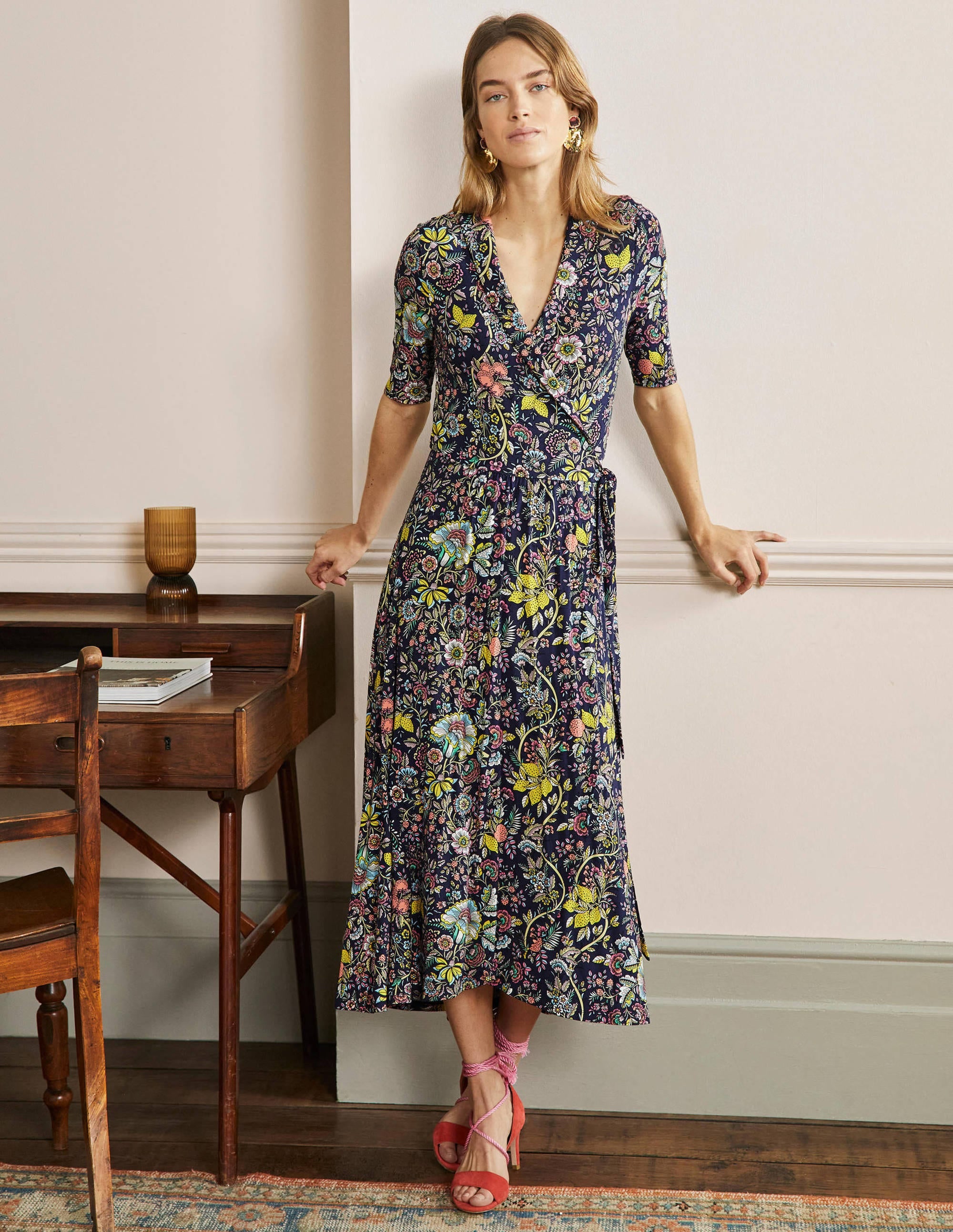 Lavinia Jersey Wrap Dress-Navy, Tropic Meadow - Image 1