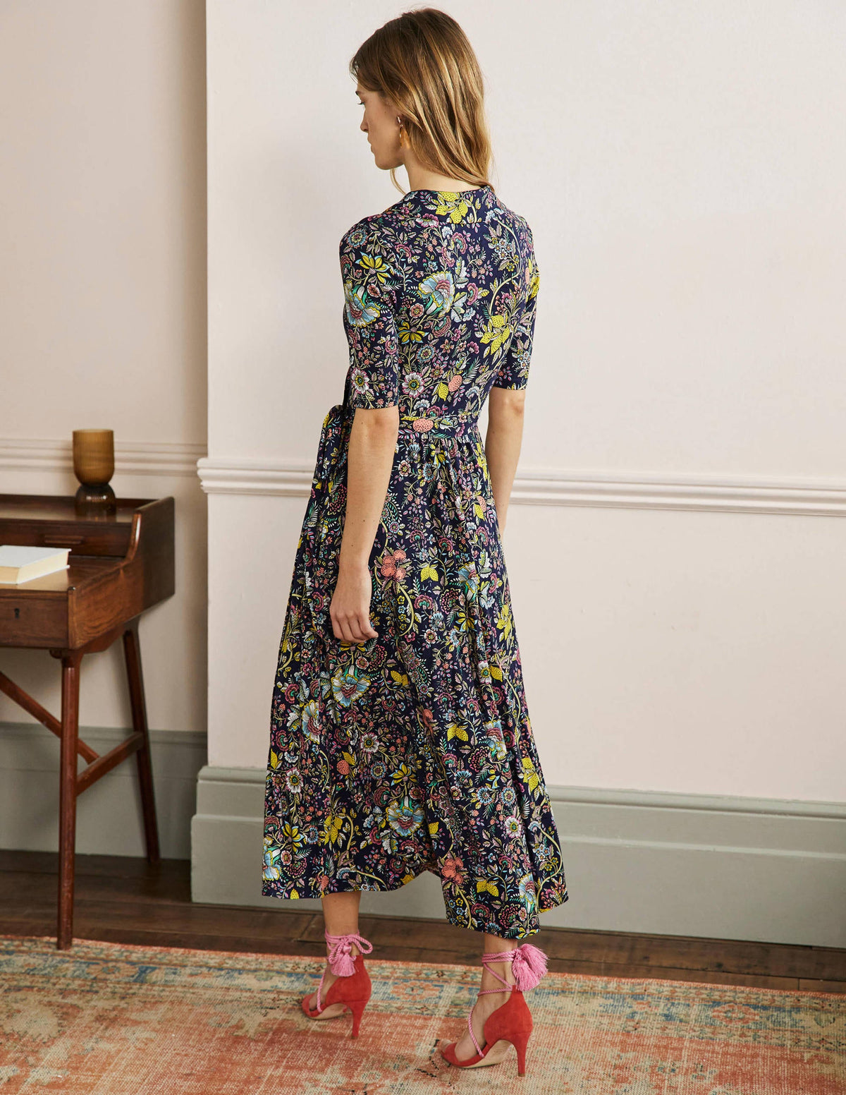 Lavinia Jersey Wrap Dress-Navy, Tropic Meadow-3