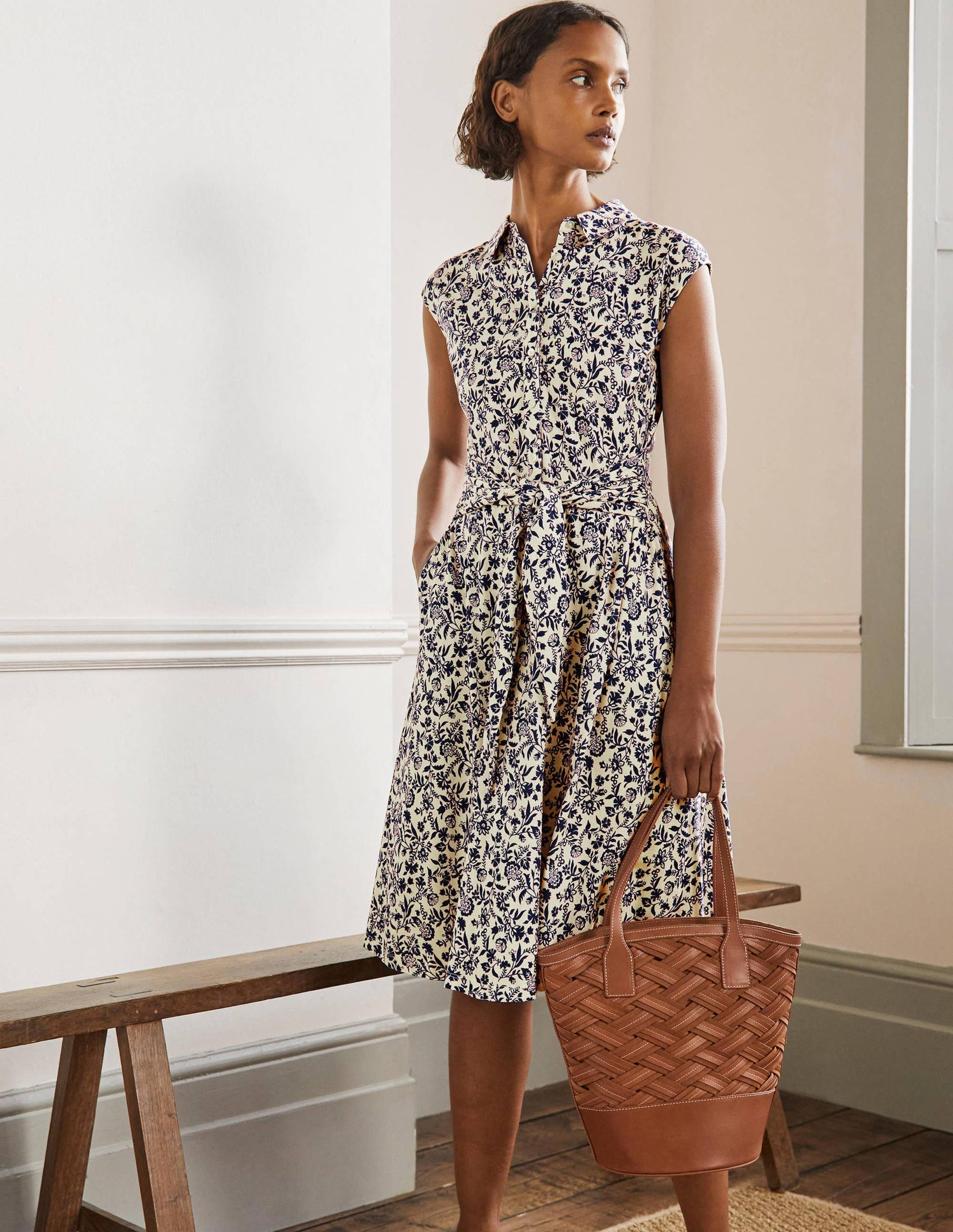 Tie Waist Jersey Shirt Dress-French Navy, Flora Charm-4