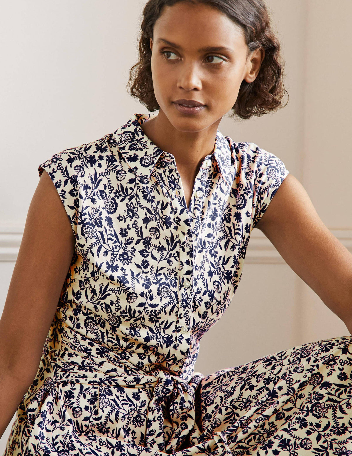 Tie Waist Jersey Shirt Dress-French Navy, Flora Charm - Image 5
