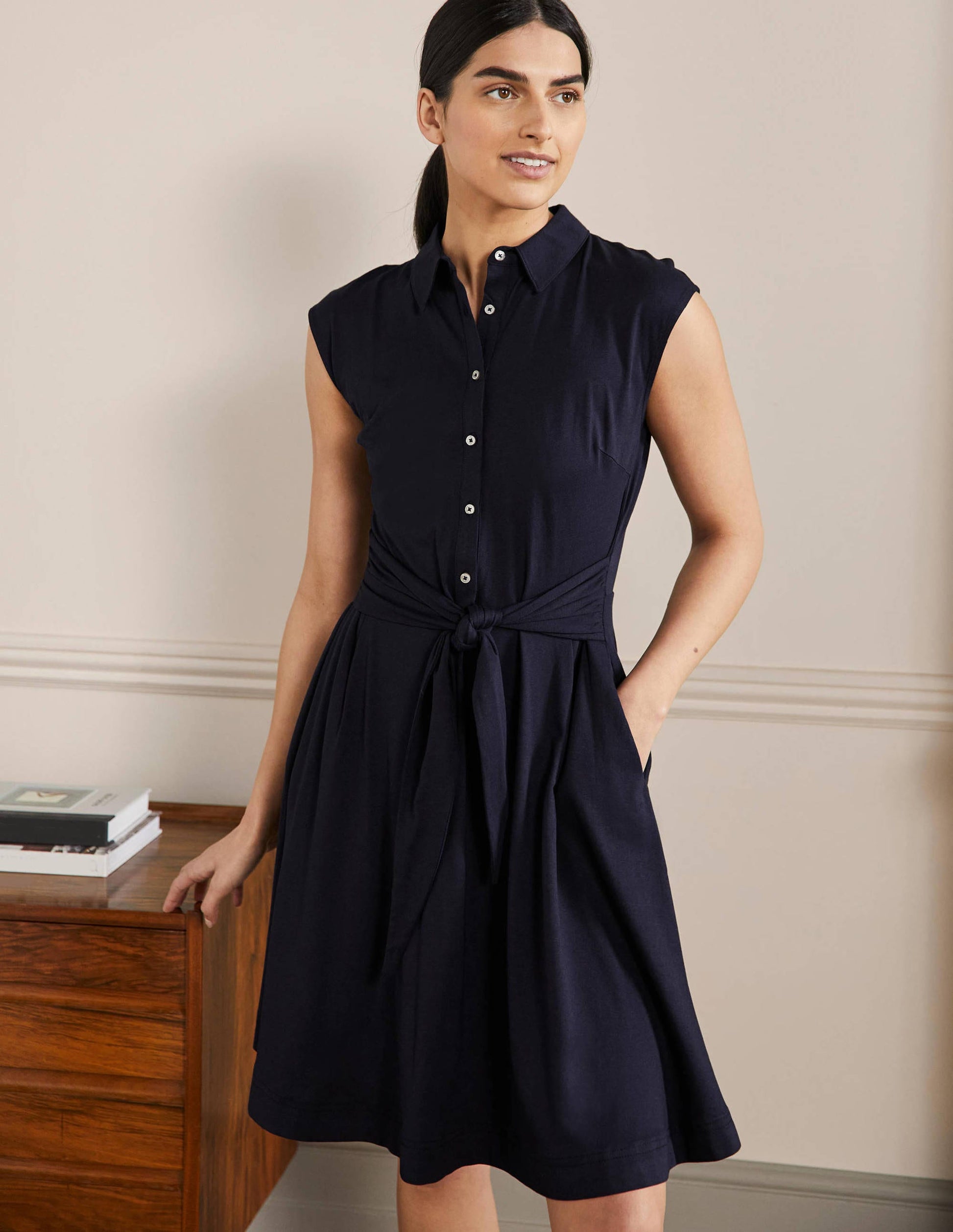 Tie Waist Jersey Shirt Dress-Navy-1