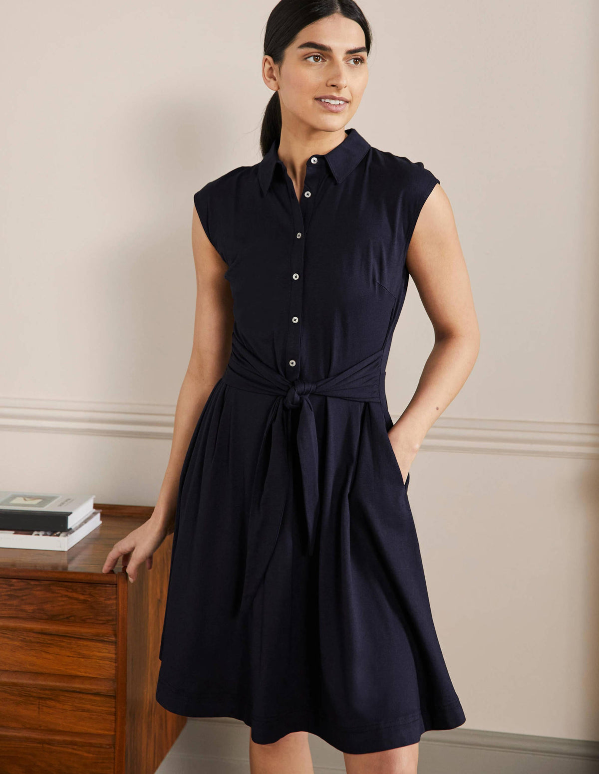 Tie Waist Jersey Shirt Dress-Navy - Image 1
