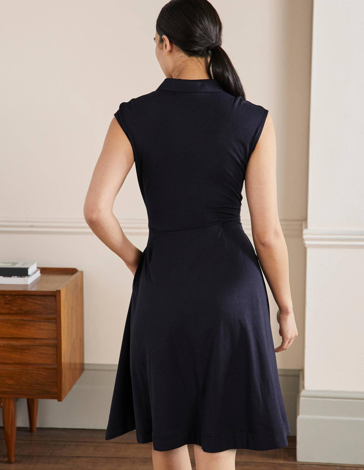 Tie Waist Jersey Shirt Dress-Navy - Image 3