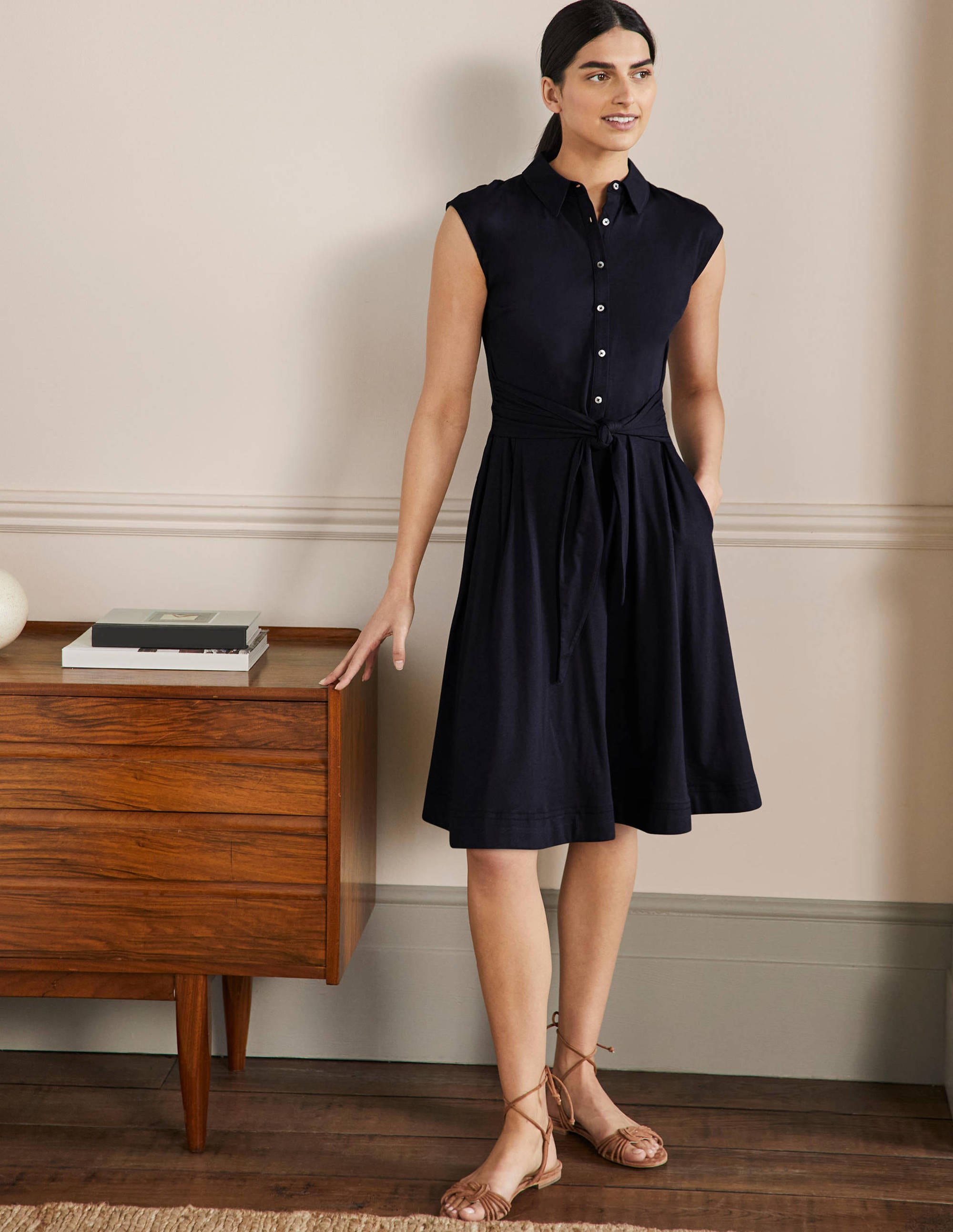 Tie Waist Jersey Shirt Dress-Navy - Image 4