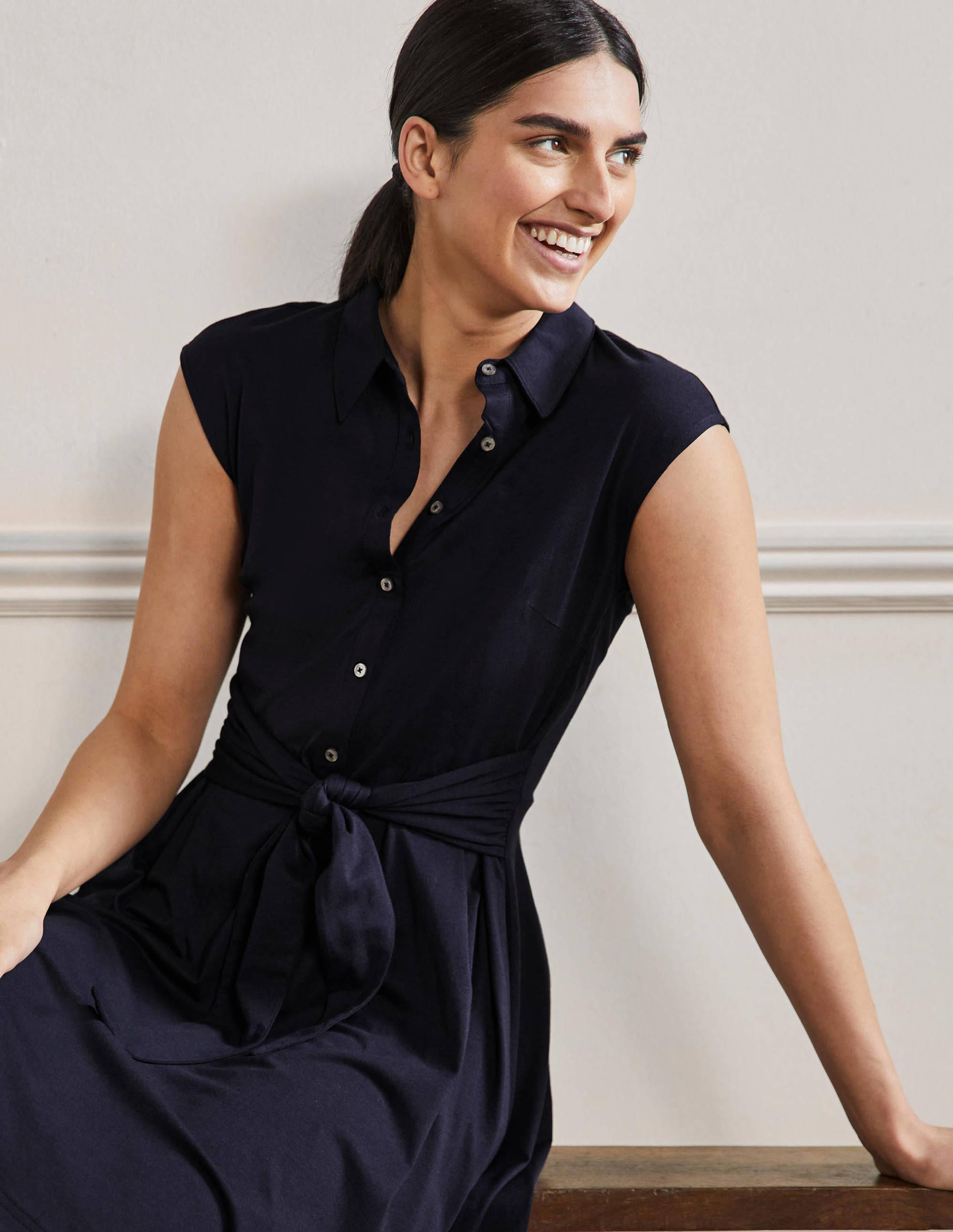 Tie Waist Jersey Shirt Dress-Navy - Image 5