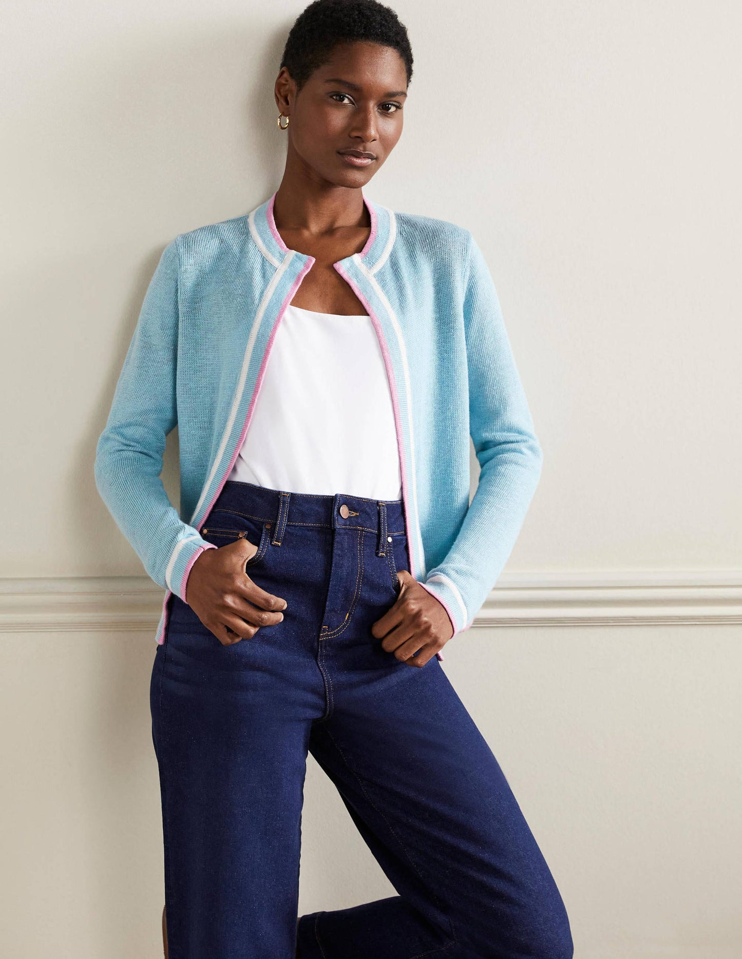 Stripe Trim Linen Cardigan-Woodland Flower