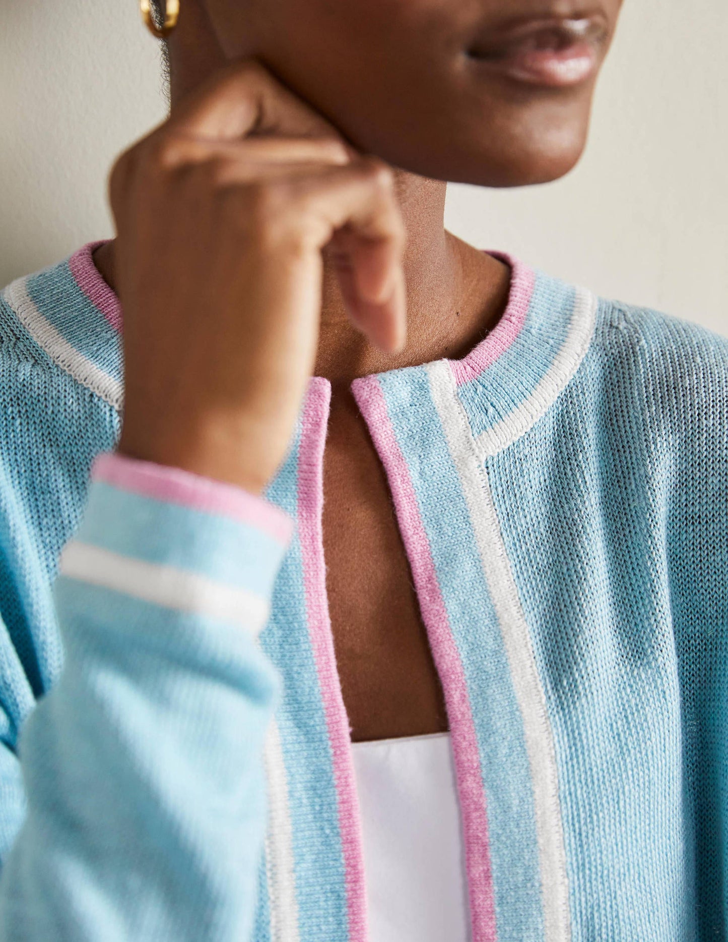 Stripe Trim Linen Cardigan-Woodland Flower