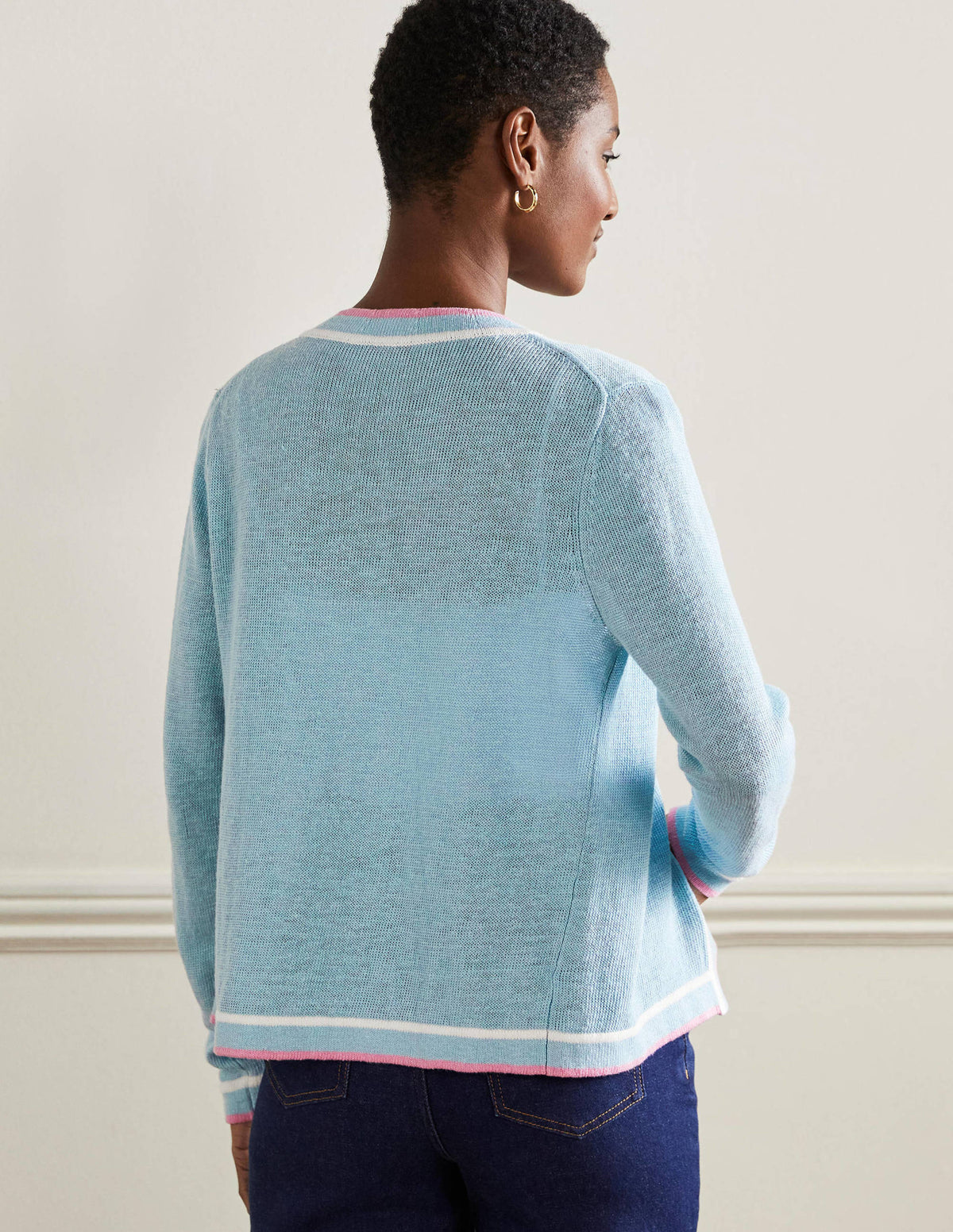 Stripe Trim Linen Cardigan-Woodland Flower - Image 3