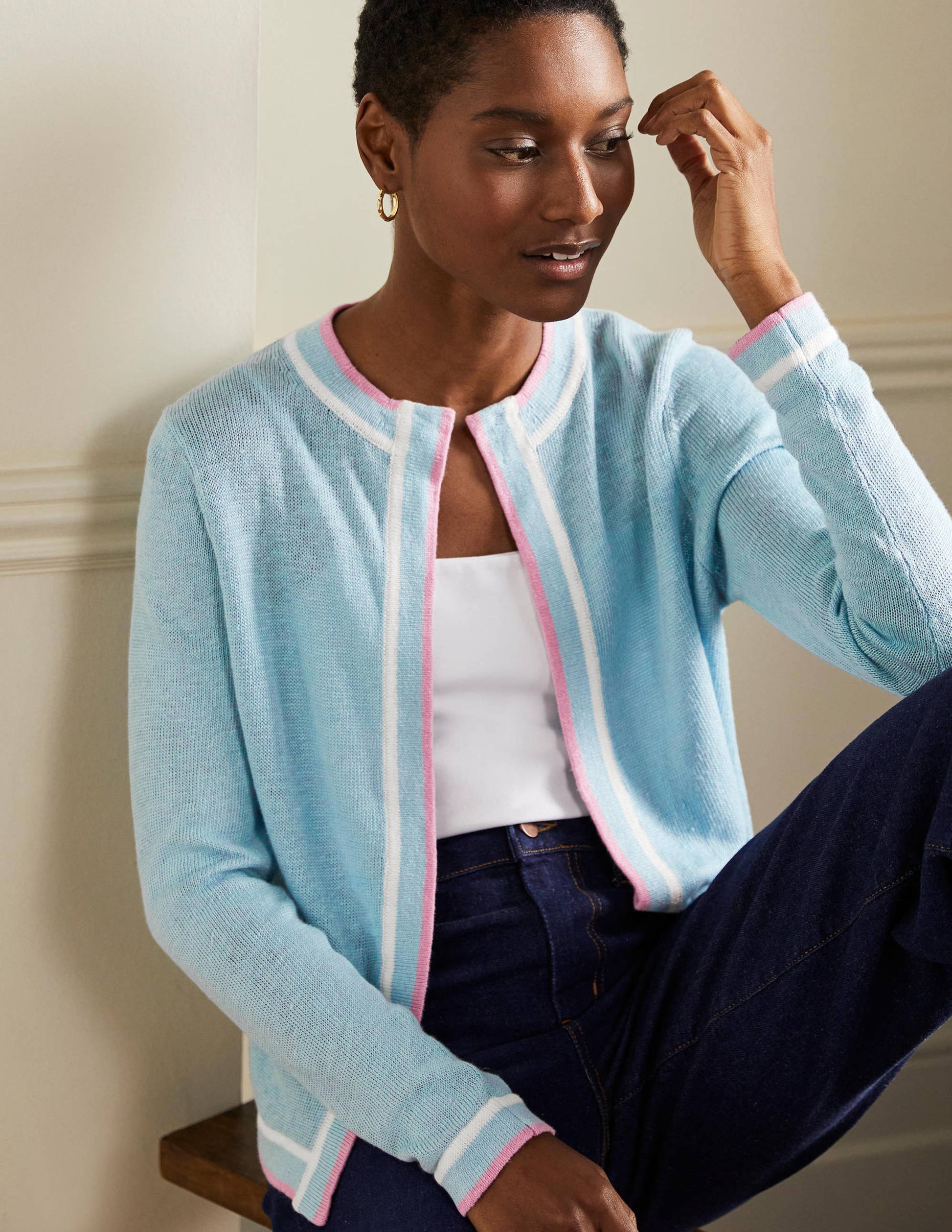 Stripe Trim Linen Cardigan-Woodland Flower-4